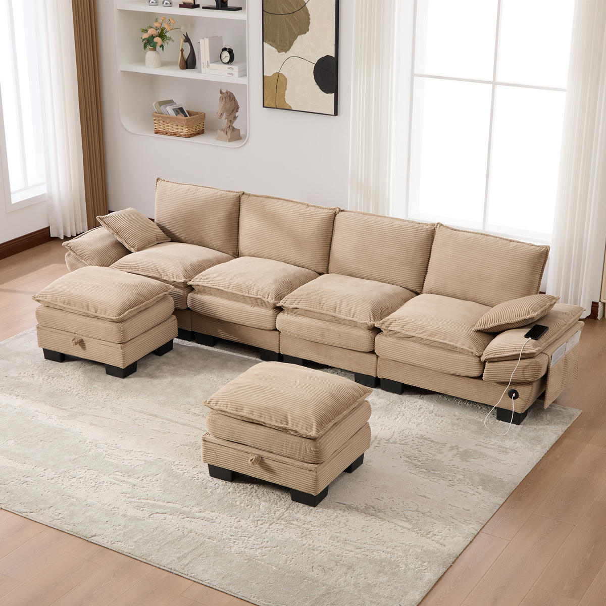 WOHNLANDSCHAFT Cord Khaki mit USB-C, Seitentaschen und 2 Hockern - Hellbraun, Holzwerkstoff/Kunststoff (330/84/132cm) - WISHDOR