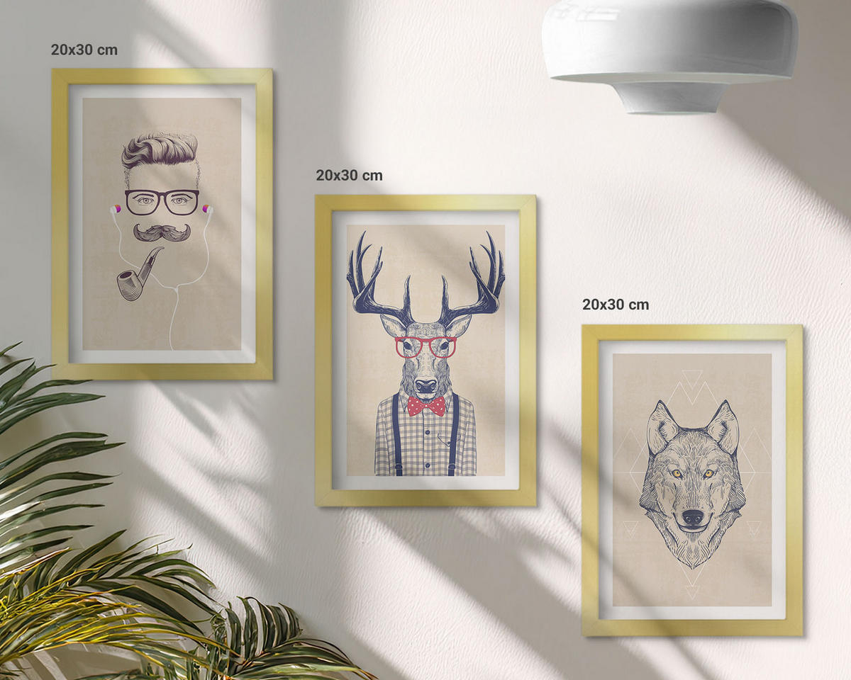 WANDBILDER 3er Set - 20x30 cm Goldrahmen - Stilvolle Tierporträts - Goldfarben, Kunststoff (20/30cm) - ArtPrintCave
