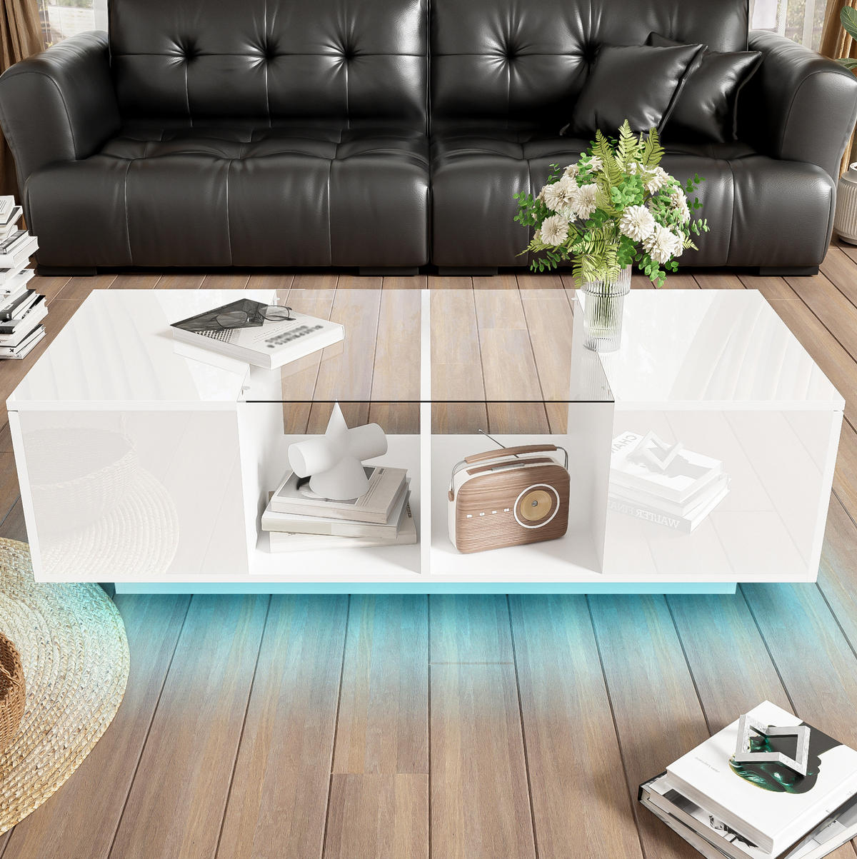 COUCHTISCH, Weiß Hochglanz/Matt mit Glasplatte und LED (16 Farben), integrierter Stauraum, 120/50/38,5 cm, Weiß - Weiß, Holzwerkstoff (120/50/38.5cm) - Redom