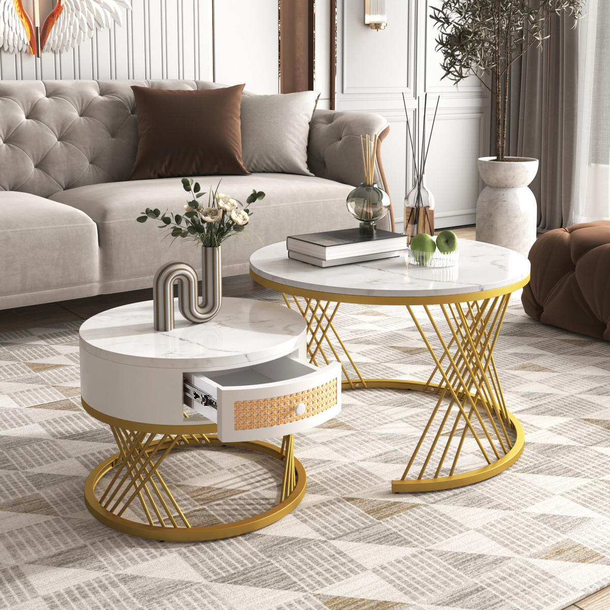 COUCHTISCH-SET Weiß Gold mit Rattan-Schublade - Weiß, Metall (70/70/45cm)