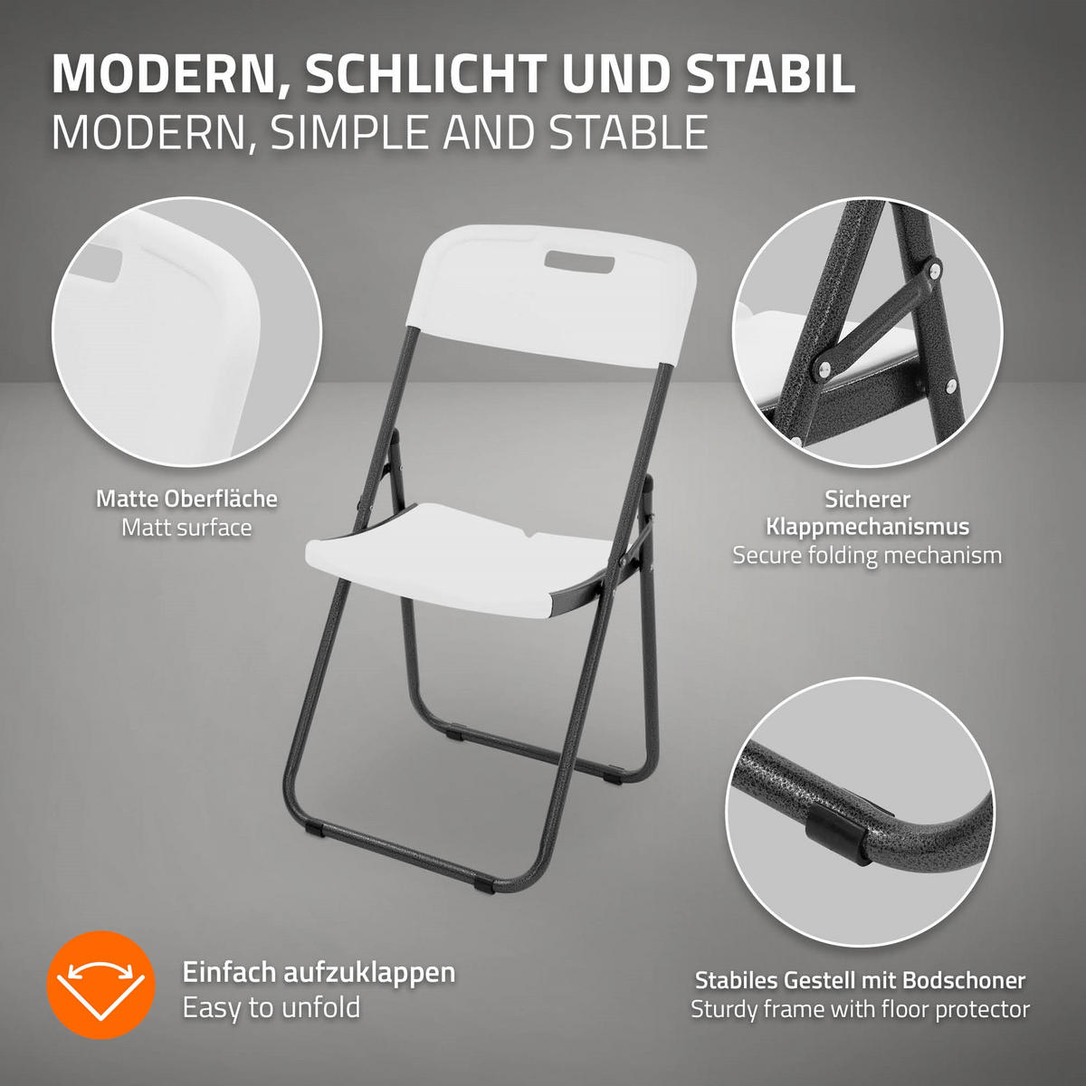 KLAPPSTUHL 4er Set Weiß Kunststoff Metall - Dunkelgrau, Metall (54.5/85.5/46cm) - ECD-Germany
