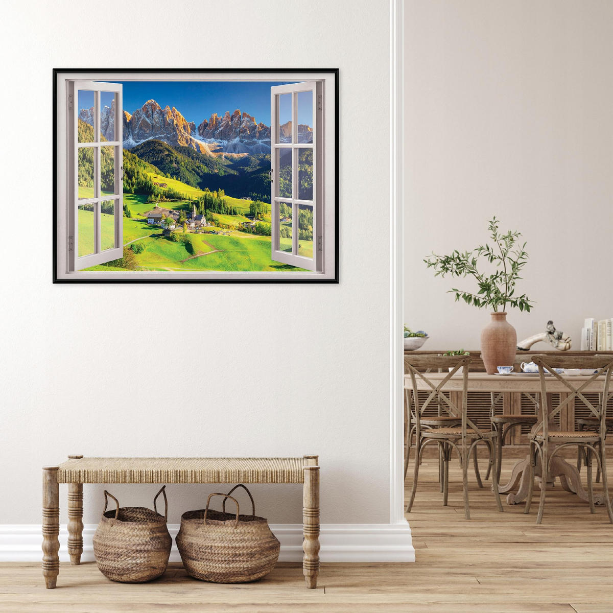 BILDER mit Rahmen Fenster Gebirge Grün 120x80 cm - Multicolor, Holzwerkstoff (120/80cm) - Wallarena