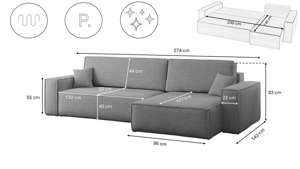 ECKSOFA Mit Schlaffunktion Und Bettkasten, Eckcouch Best XL Stoff Verita Stahl Rechts - Anthrazit, Holz (274/145cm) - Kaiser Möbel