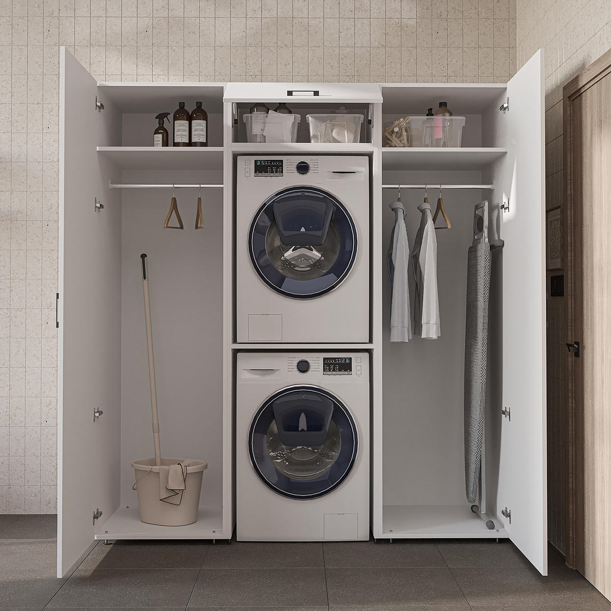 WASCHMASCHINENSCHRANK DUO-II 187cm Breit, 205cm Hoch - Weiß, Holzwerkstoff (187/205/67cm)