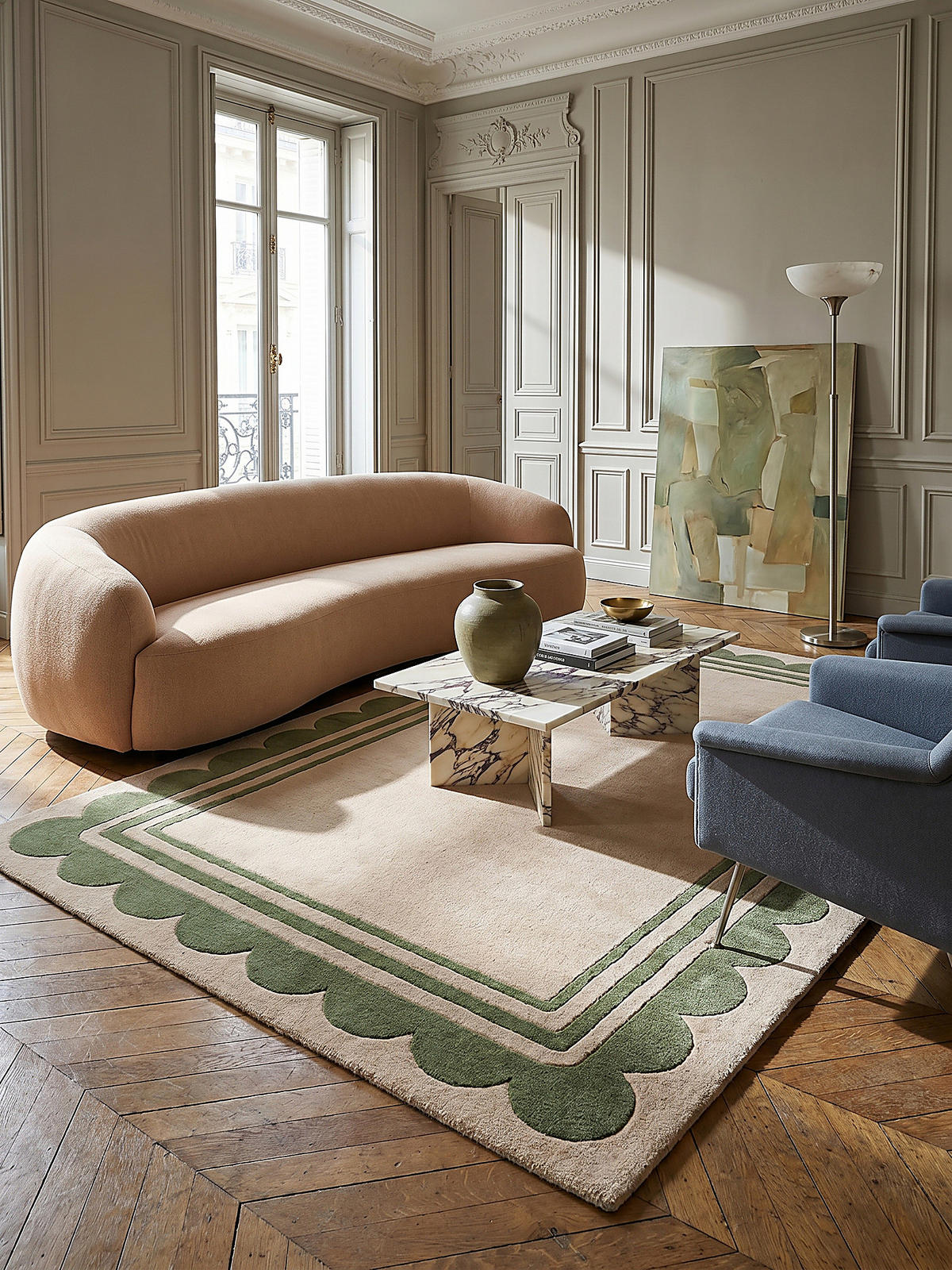 WOLLTEPPICH Grafisches Muster, Rahmen, Wohnzimmer schmutzabweisend Grün-Beige Rechteckig 120x170 - Grün, Textil (170/120cm) - KADIMA DESIGN