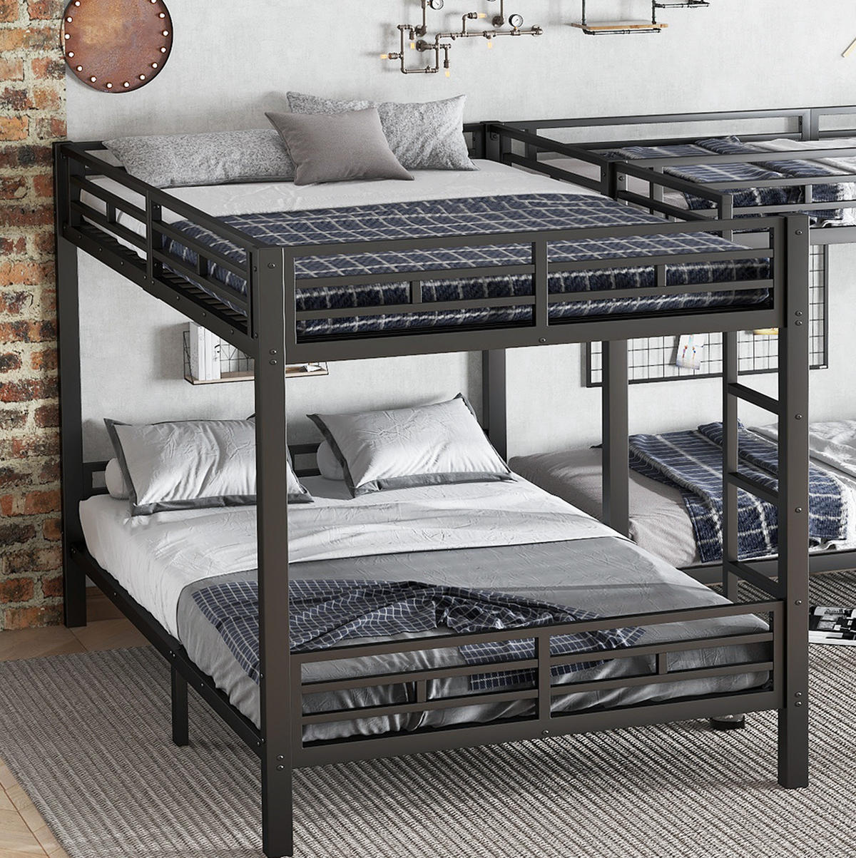 ETAGENBETT aus Eisen und Holz 90x200/140x200 cm Schwarz mit dreistufiger Leiter und stabilem Lattenrost - Schwarz, Metall (90/200cm) - Modfu