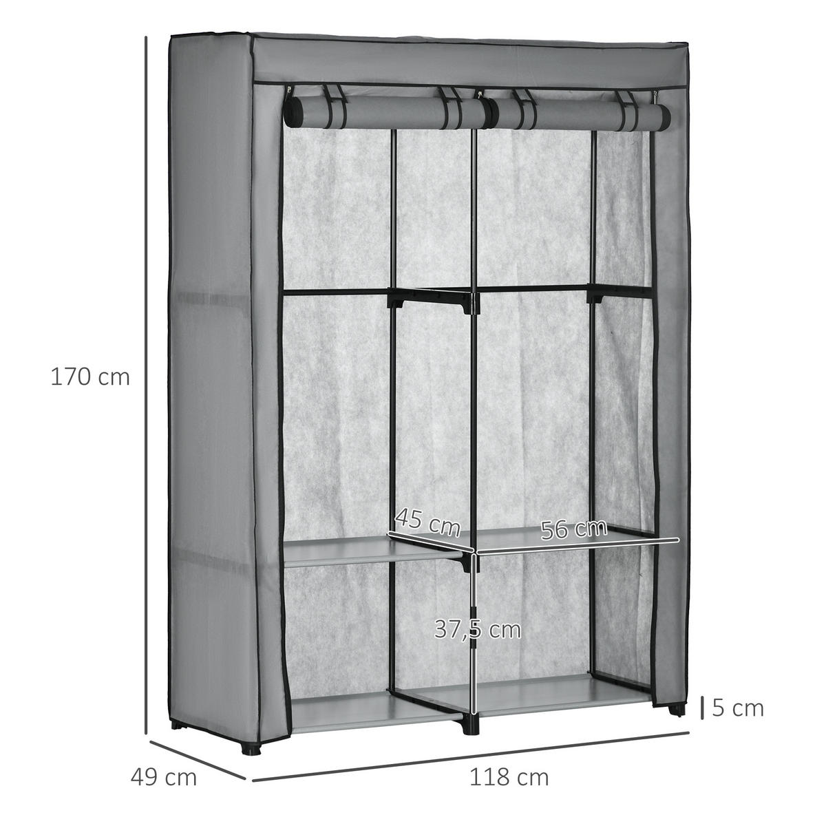 KLEIDERSCHRANK, Stoffschrank, Hellgrau - Hellgrau, Metall (49/170/118cm) - HOMCOM