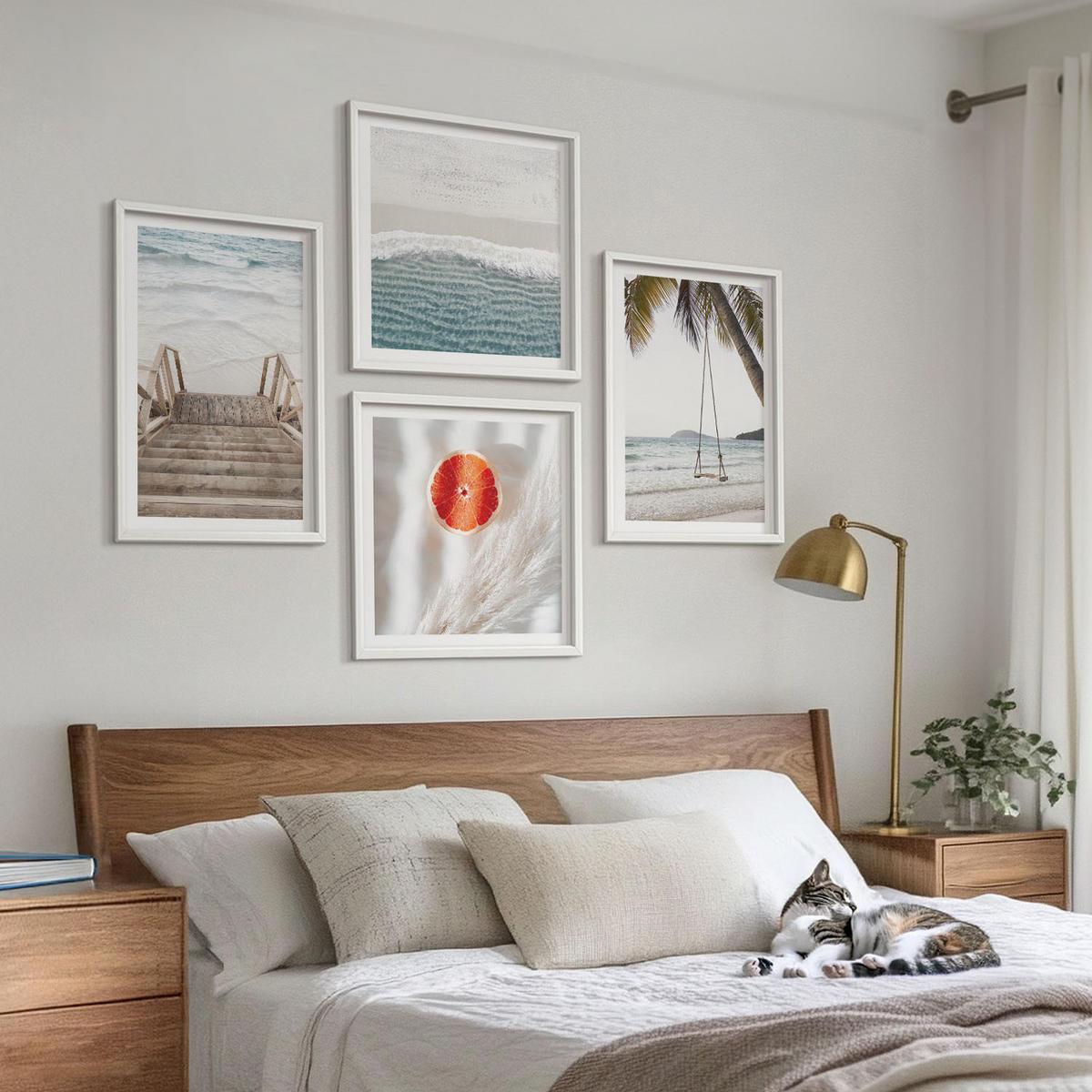 WANDBILDER 4er-Set - 50x50 cm & 40x60 cm Weißer Rahmen - Strandatmosphäre dank hölzerner Treppen. - Weiß, Kunststoff (50/50cm) - ArtPrintCave