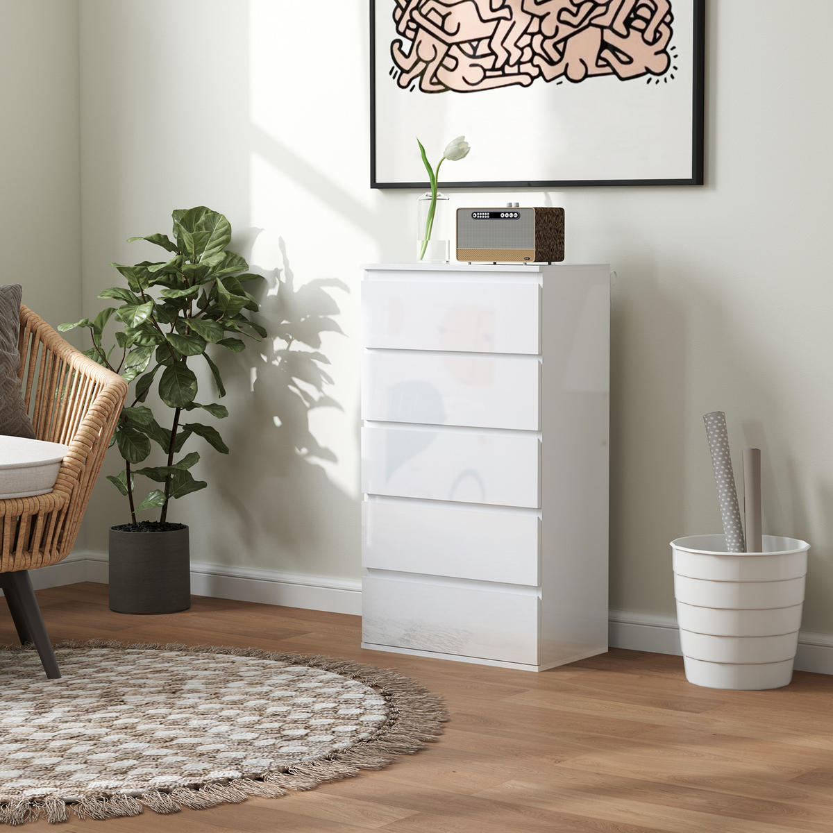 KOMMODE Schubladenschrank Sideboard mit 5 Schubladen, Weiß, 55 x 34 x 100 cm - Weiß, Holzwerkstoff (55/100/34cm) - HOMCOM