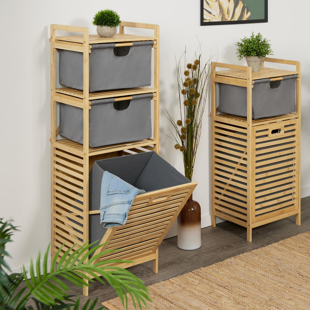 Thumbnail - Relaxdays Wäschekorb, Hellbraun, Holz, Textil, 40x120x33 cm, Badezimmer, Badezimmerregale, Badregale