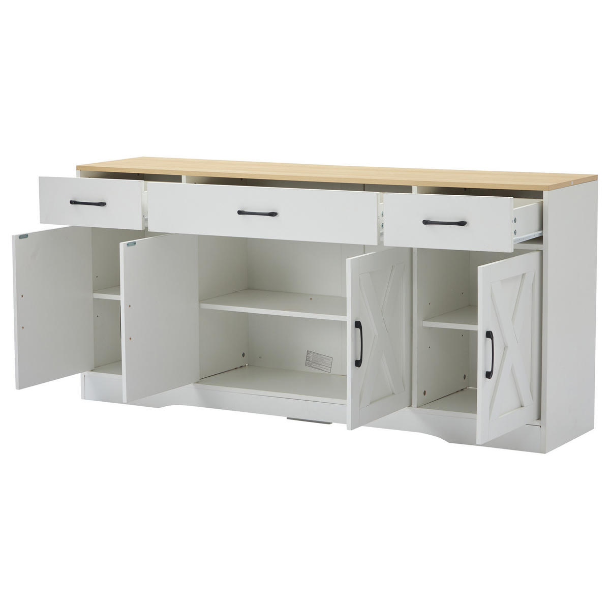 KOMODA 160/37/75 cm biela z MDF s doskou v drevenom dekore so 3 zásuvkami a 4 dvierkami - biela, kompozitné drevo (160/75/37cm) - OKWISH