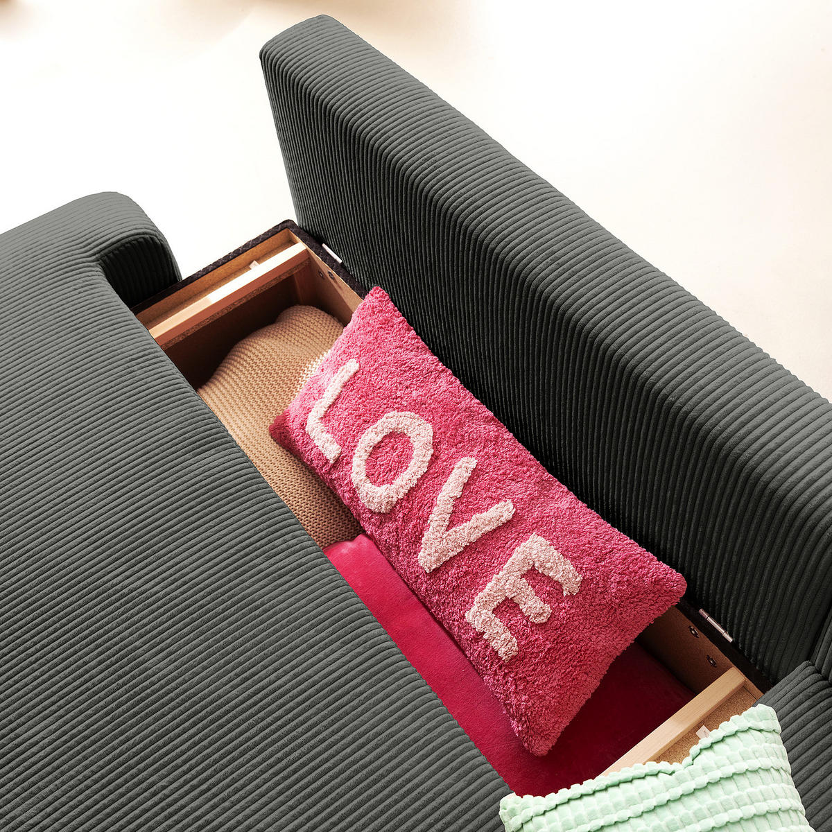 ECKSOFA mit Schlaffunktion - Longchair - Dunkelgrau/Schwarz, Kunststoff/Textil (253/167cm) - home24