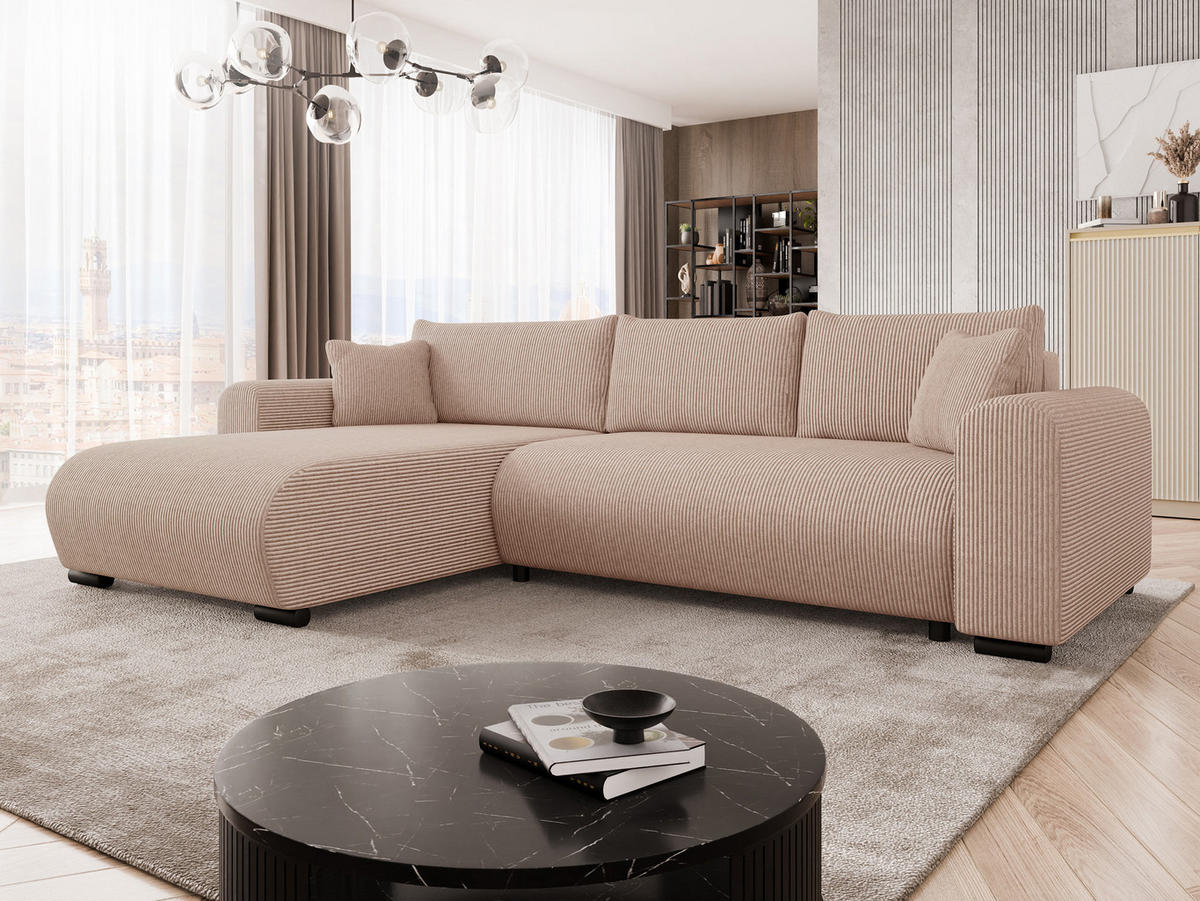 ECKSOFA Merkos Cord - Hellrosa/Schwarz, Holz/Textil (285/188cm) - MIRJAN24