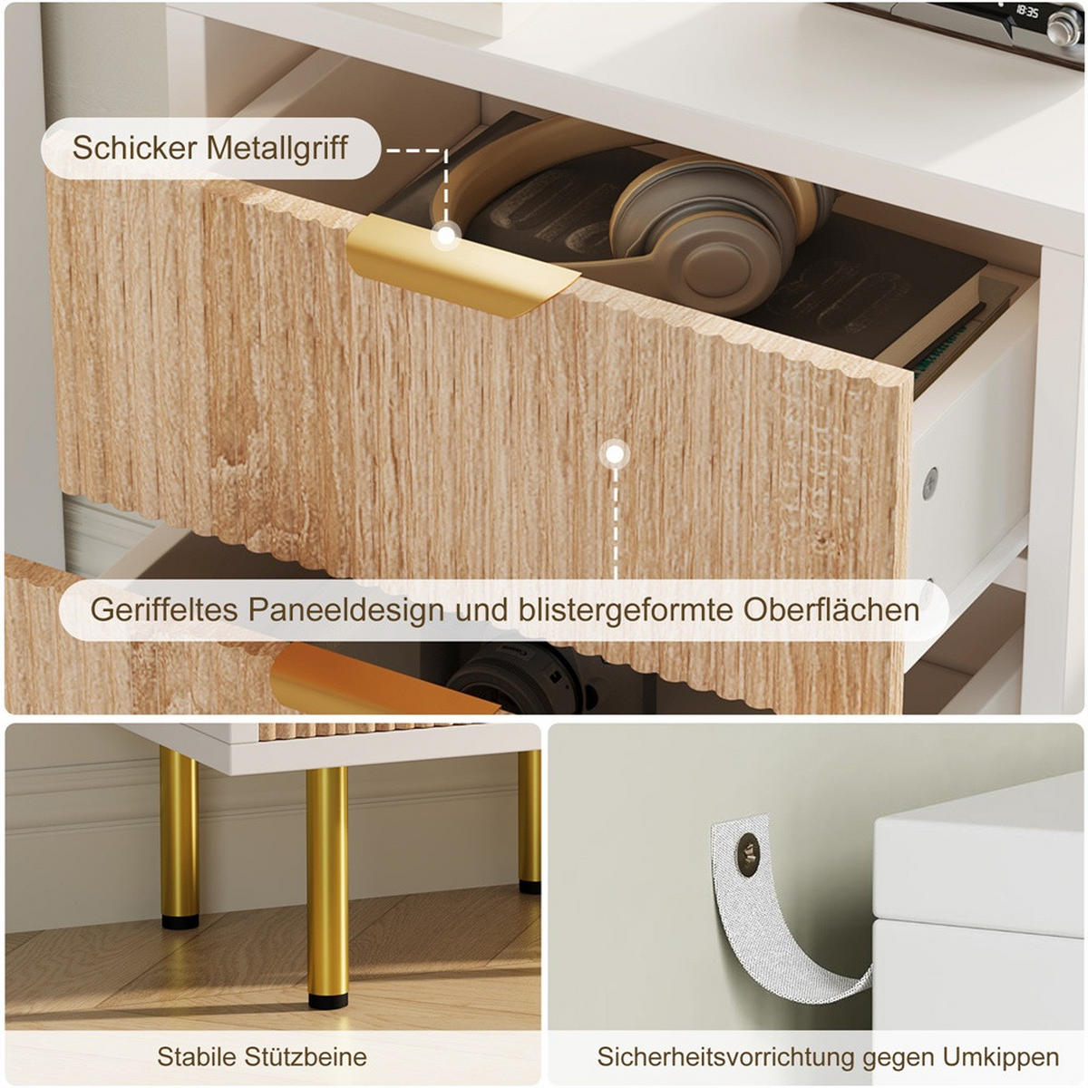 NACHTTISCH mit 3 Schubladen - Metallgriffe und Metallbeine -Rillendesign & Goldene Akzente - Weiß & Naturholz - Naturfarben, Holzwerkstoff (40/65/40cm) - DELFA