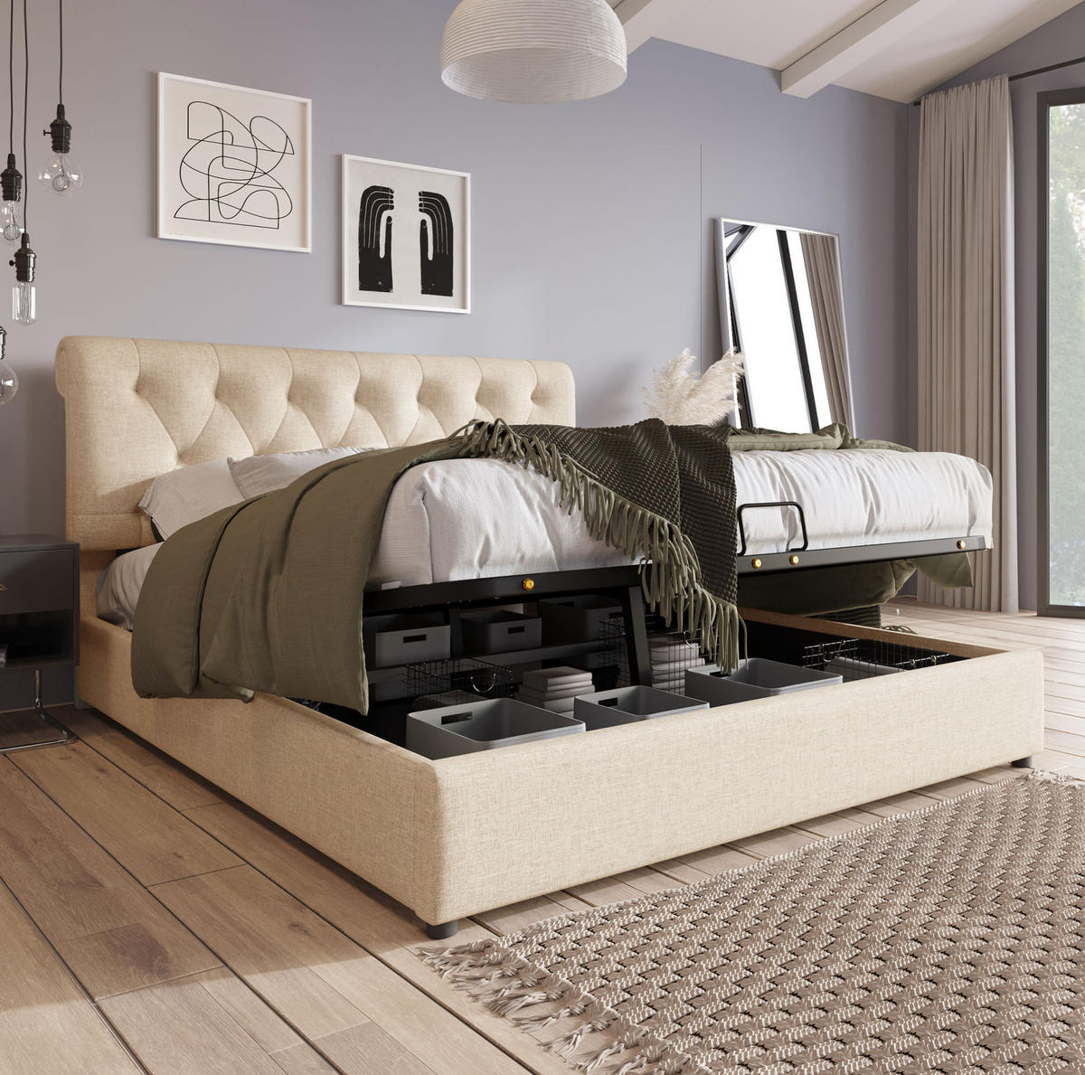 POLSTERBETT 140/200 cm Natürlich aus Leinen mit Stauraum - Naturfarben, Textil (140/200cm) - OKMYHOME