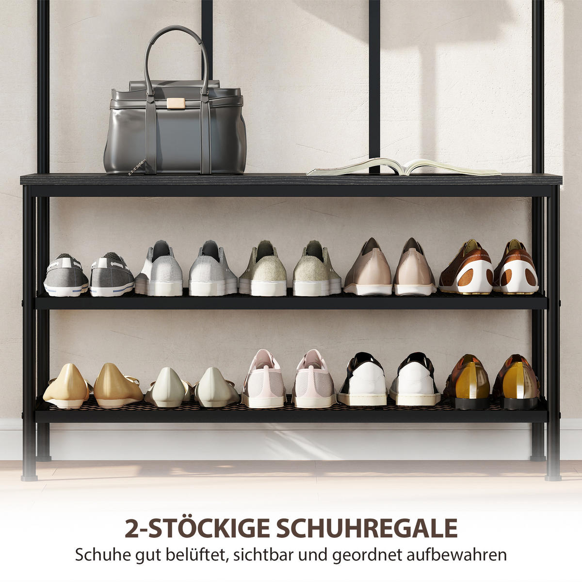 GARDEROBENSTÄNDER 3-in-1 DE-09781 mit Sitzbank und Schuhregal Schwarz - Schwarz, Metall (36/180/91cm) - ComfortXL