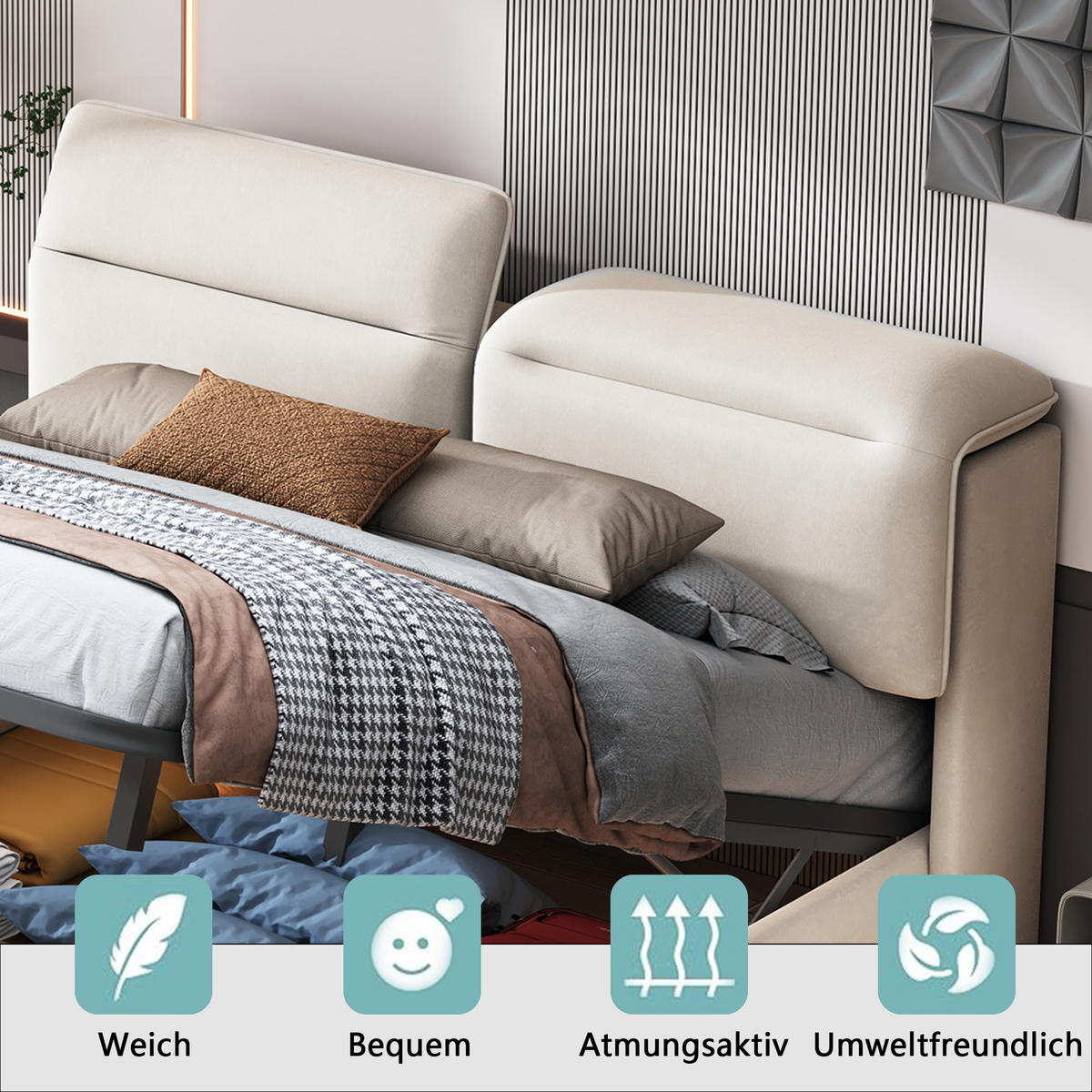 POLSTERBETT 160x200 cm, Beige, Doppelbett mit Stauraum & LED-Beleuchtung - Beige, Textil/Metall (160/200cm)