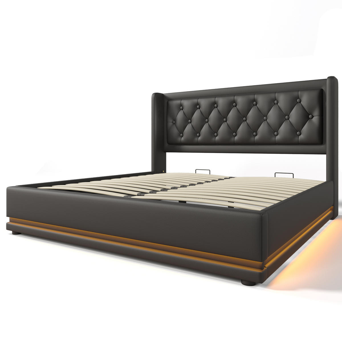 POLSTERBETT 160/200 cm in Schwarz aus PU mit Stauraum, LED und USB- und Type-C-Anschlüssen - Schwarz, Kunststoff (160/200cm) - Flora Grace