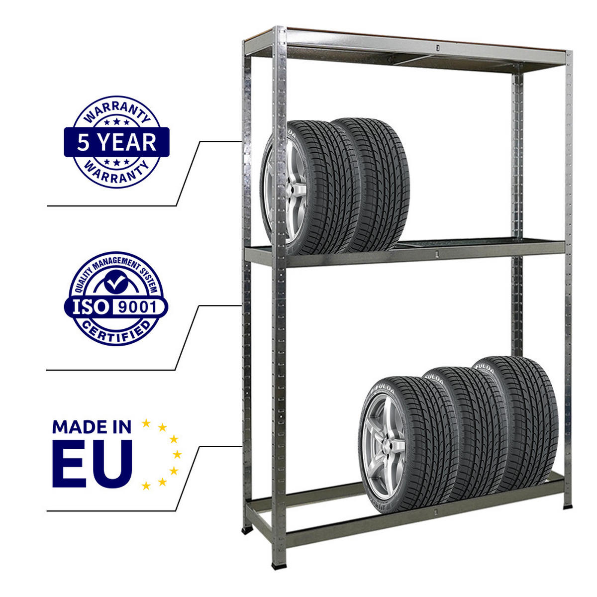 REIFENREGAL Ragnar 180x120x40 cm bis zu 8 Reifen auf 2 Ebenen + Ablage 265 kg Fachlast Verzinkt - Silberfarben, Metall (120/180/40cm) - PROREGAL
