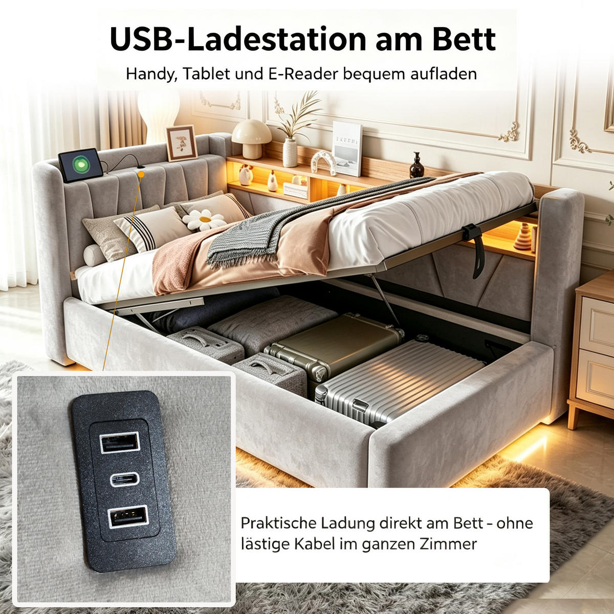 BOXBETT 90/200 mit LED/Regal/USB/Bettkasten, Samt, Grau - Grau, Holz (90/200cm) - LVHOM