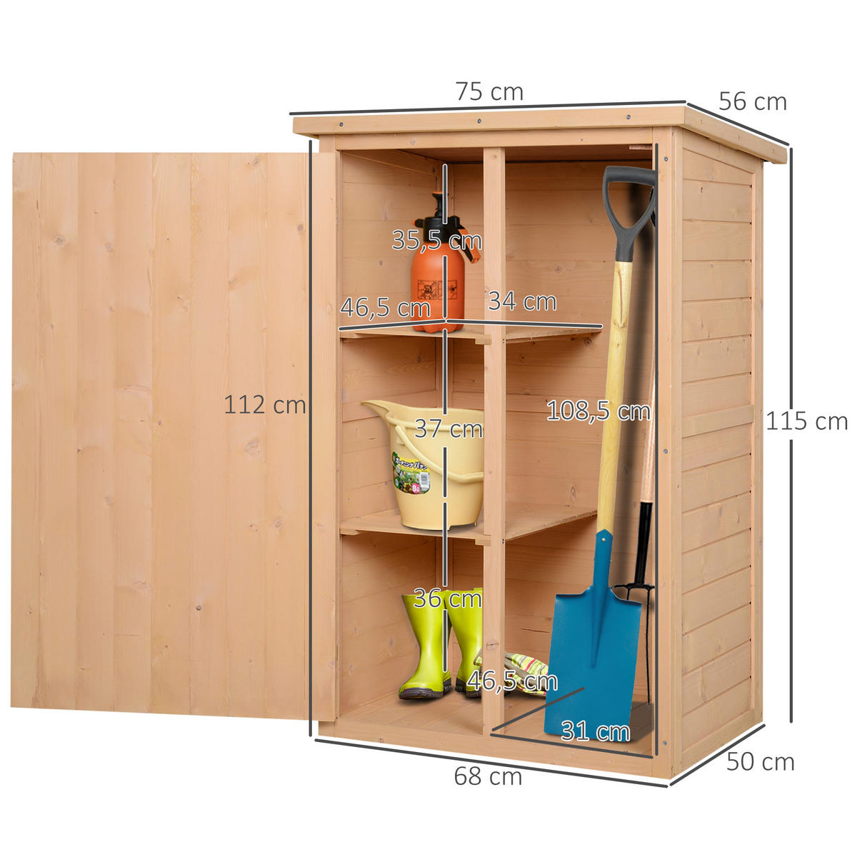 GERÄTESCHUPPEN DE-17568 große Tür mit Riegel, 2 Böden Naturholz - Naturfarben, Holz (75/115/56cm) - ComfortXL