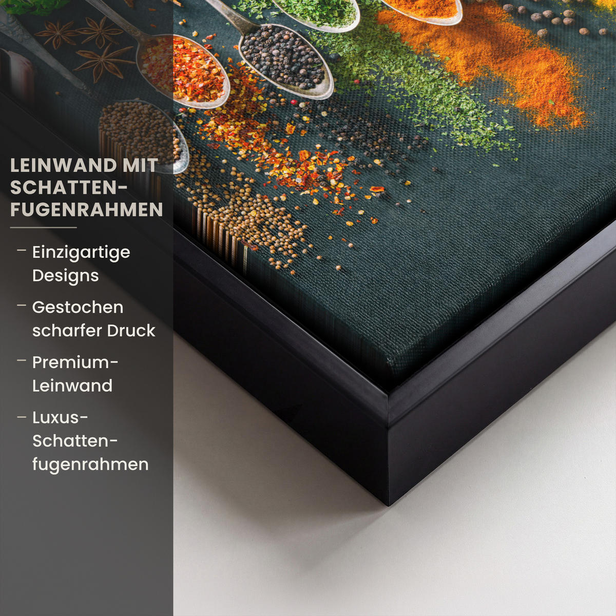 LEINWAND Bilder mit Rahmen - Kräuter - Gewürze - Löffel - 20x20 - Currygelb, Textil (20/20cm) - MuchoWow