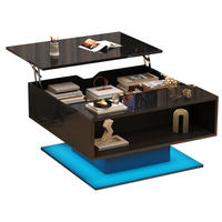 COUCHTISCH mit Ablage 80/75 cm höhenverstellbar mit LED-Beleuchtung in Schwarz - Schwarz, Holzwerkstoff (80/77/40cm) - BEAOK