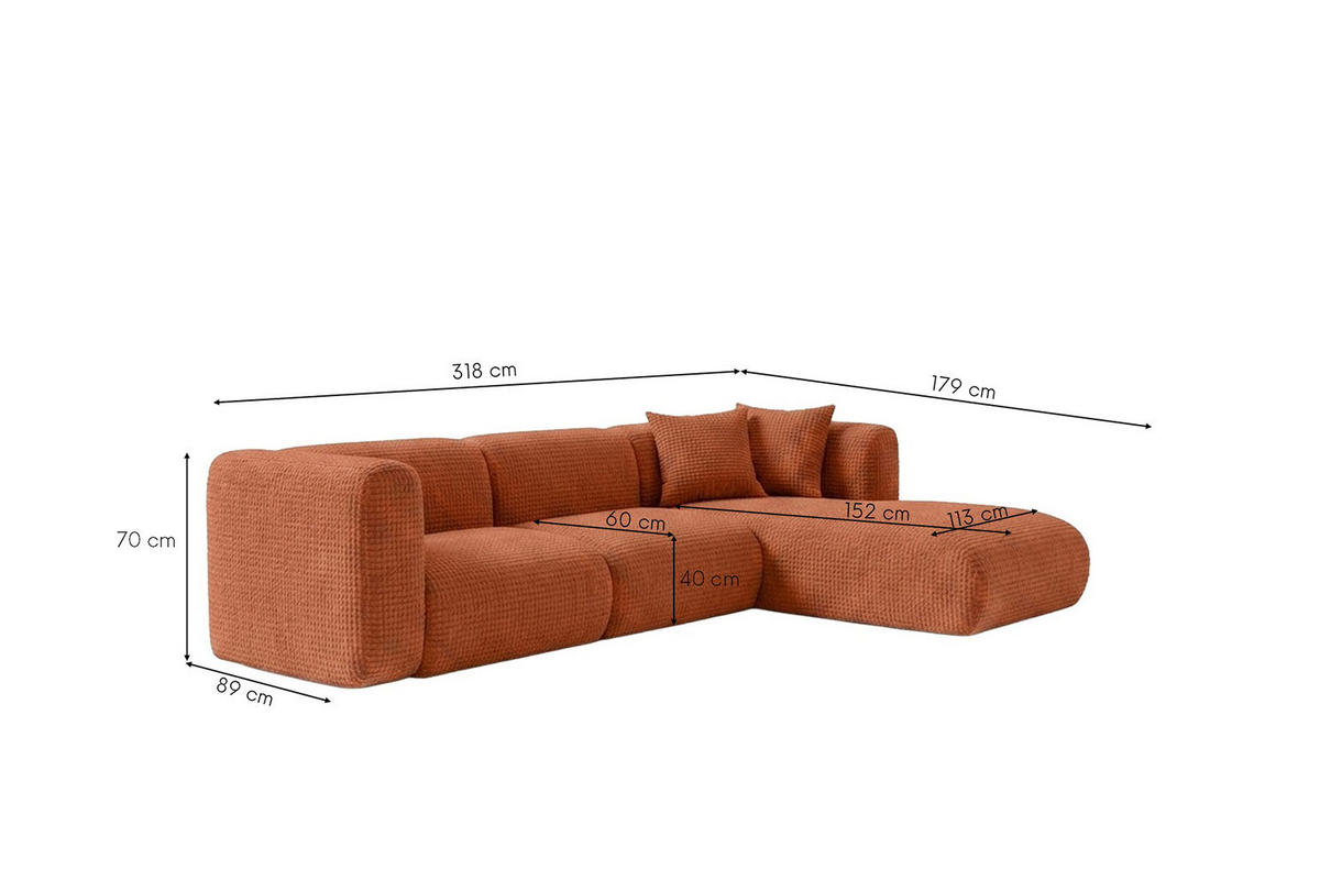 ECKSOFA L-Form, Chenille-Stoff Cremona, Kupfer, Rechts, GRETA - Kupferfarben, Holz (318/179cm) - Kaiser Möbel