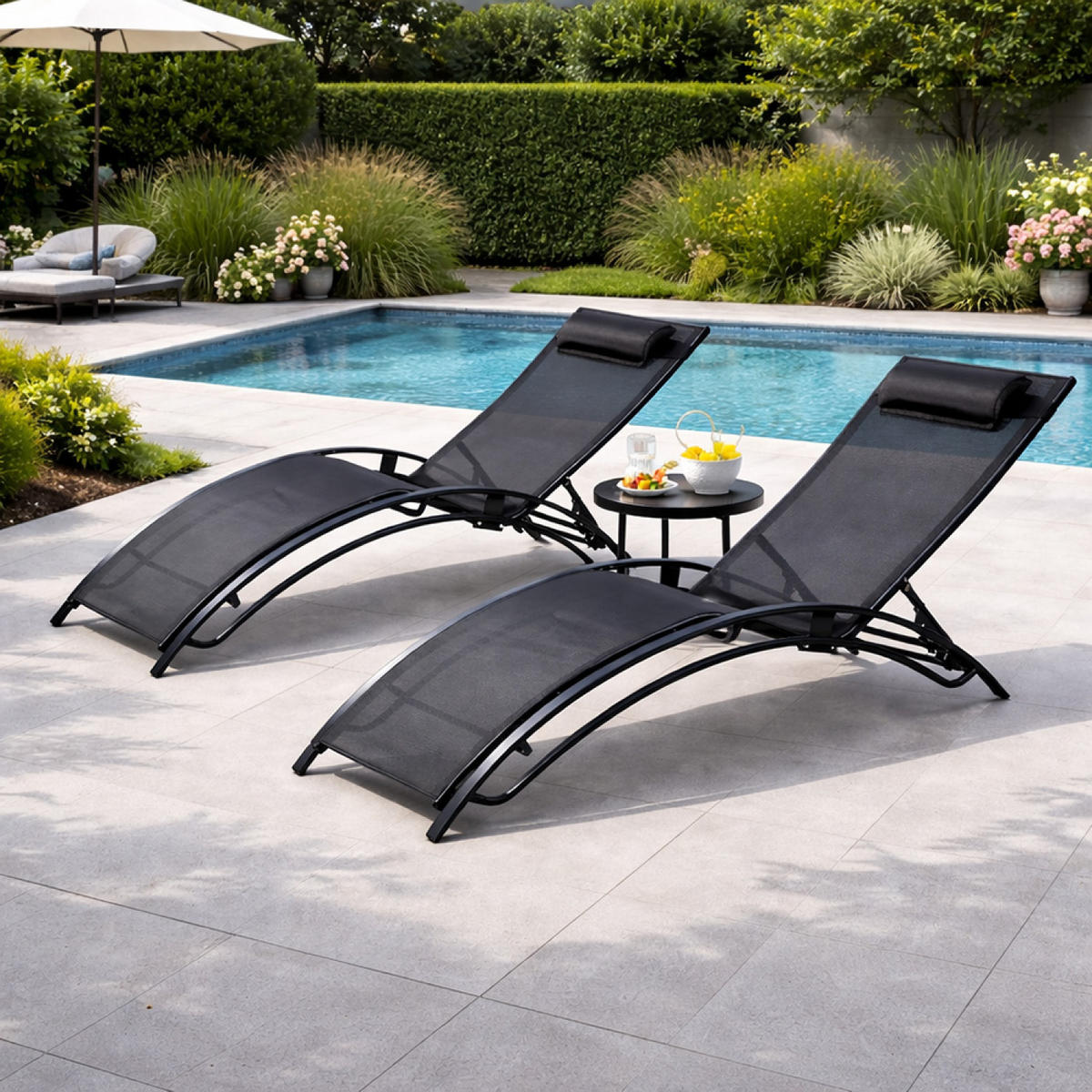 LIEGESTÜHLE Cali aus Stahl Schwarz 2er-Set + Tisch - Schwarz, Metall (81/59/157cm) - Concept Usine