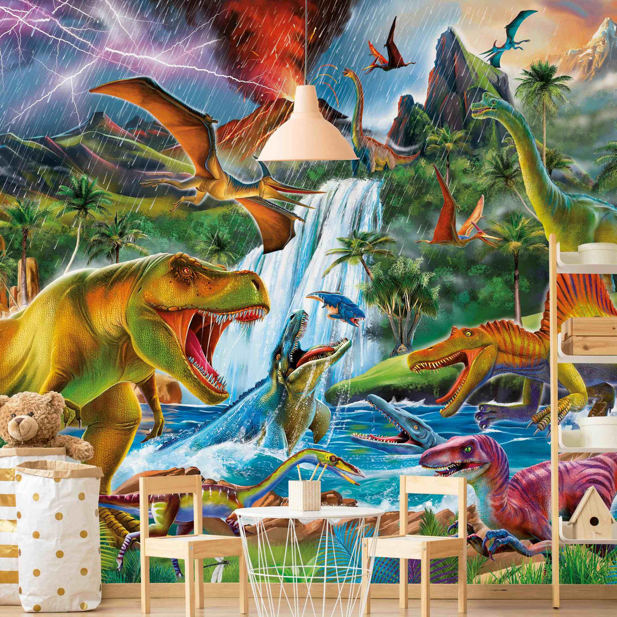 FOTOTAPETE Dinosaurier im Urzeitgewitter 240/240 cm - Multicolor, Papier (240/240cm) - Bilderwelten