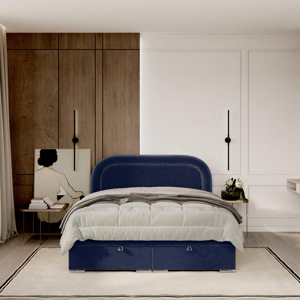 POLSTERBETT Harmony mit Stauraum 140/200 cm Marineblau im Lotta Stoff - Chromfarben/Dunkelblau, Holz/Holzwerkstoff (140/200cm) - AltaBeds