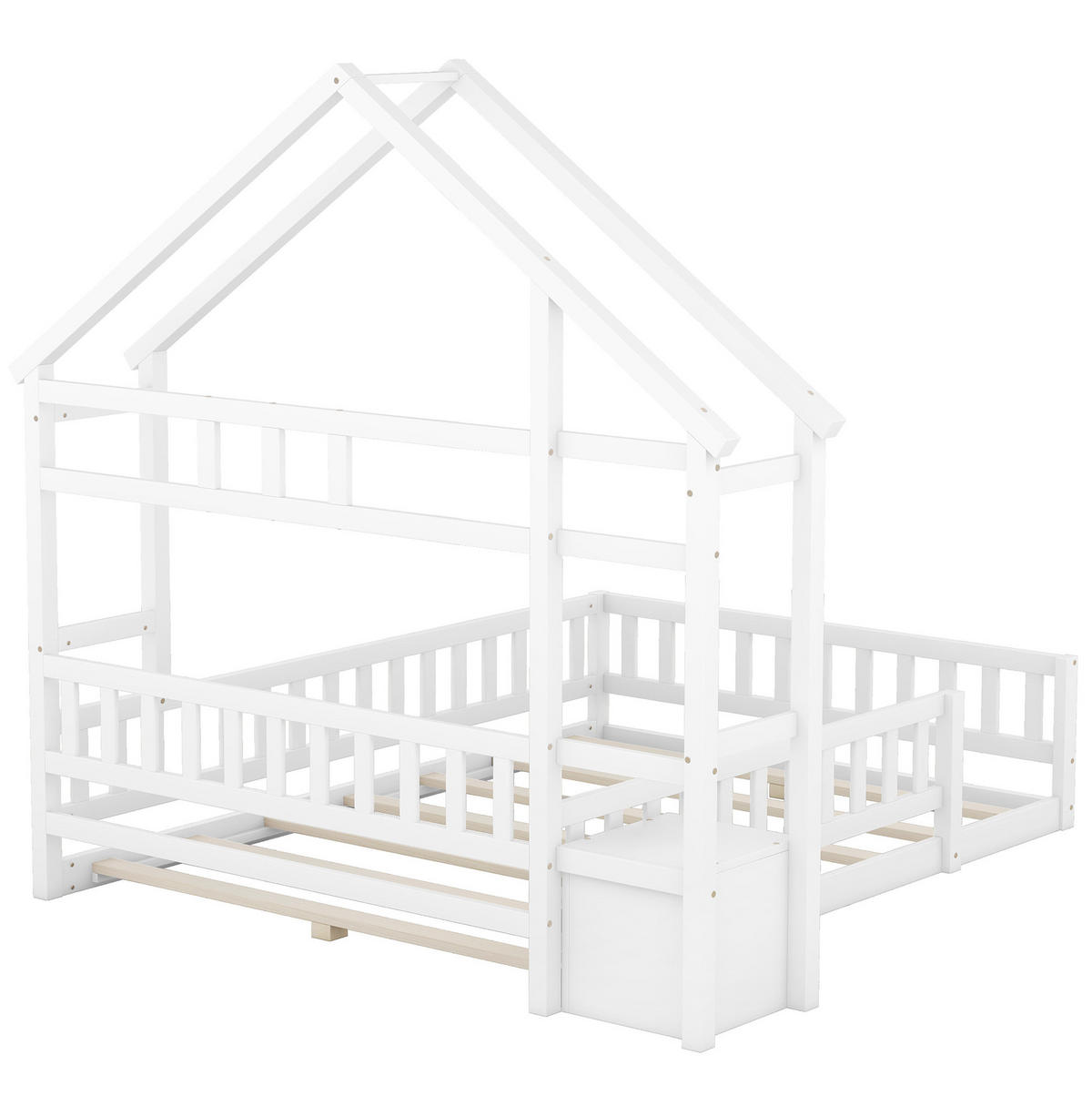 HAUSBETT 140/200 cm mit Geländer und Nachttisch aus Kiefern, Weiß - Weiß, Holzwerkstoff (140/200cm) - Redom