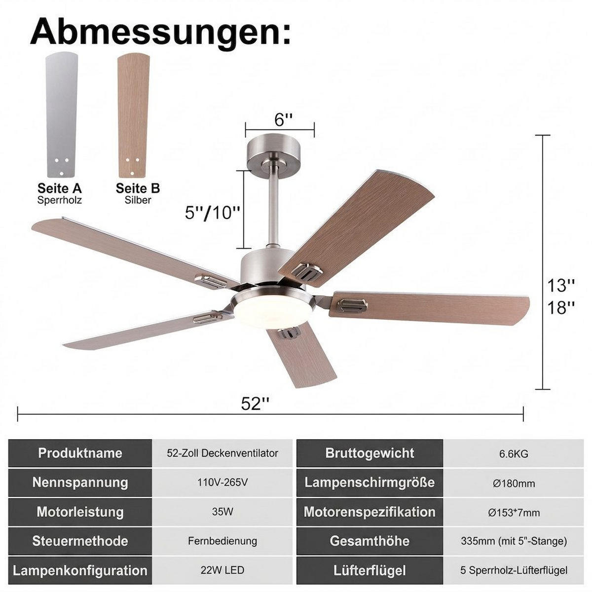 DECKENVENTILATOR mit LED-Licht 3 Farben und Fernbedienung DC-Motor - Silberfarben, Metall (132/132/46cm) - BEXEVUE