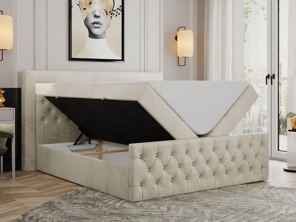 BOXBETT GOLD-9 LED 140/200 Beige Velvet - H3 - Beige, Holz/Textil (140/200cm) - MKS