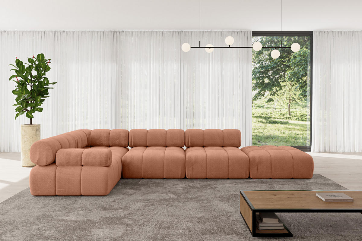 ECKSOFA modulares Sofa Felto-L2 - 380x190x70 cm Apricot Velours - Koralle, Holzwerkstoff/Textil (380/190cm) - ALTDECOR