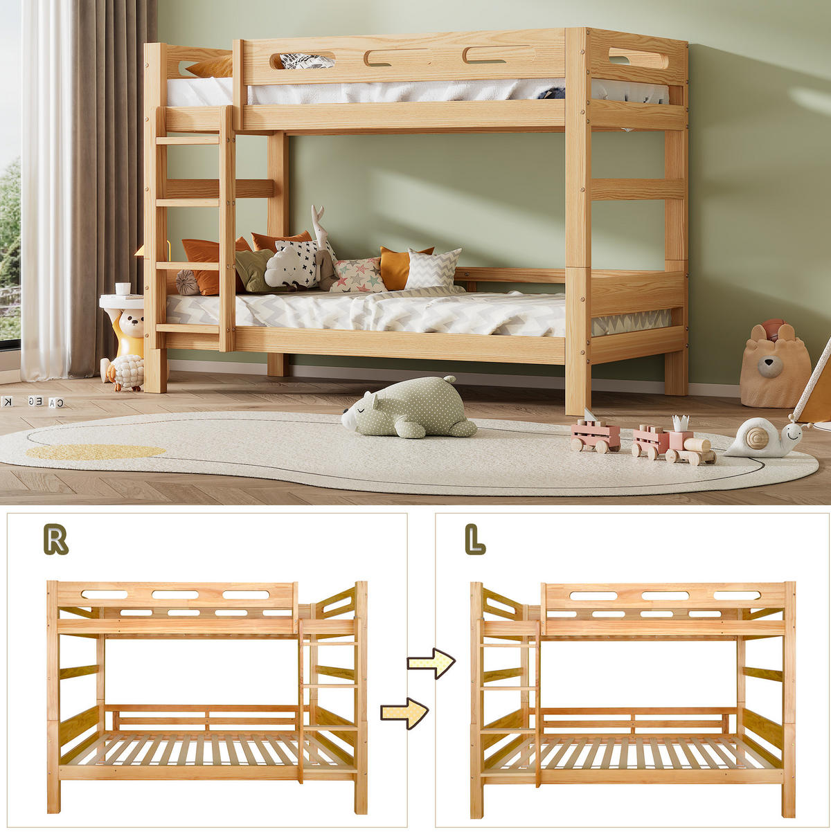 ETAGENBETT 90/200 cm in Natur aus Kiefer mit Trennfunktion - Naturfarben, Holz (90/200cm) - OKMYHOME
