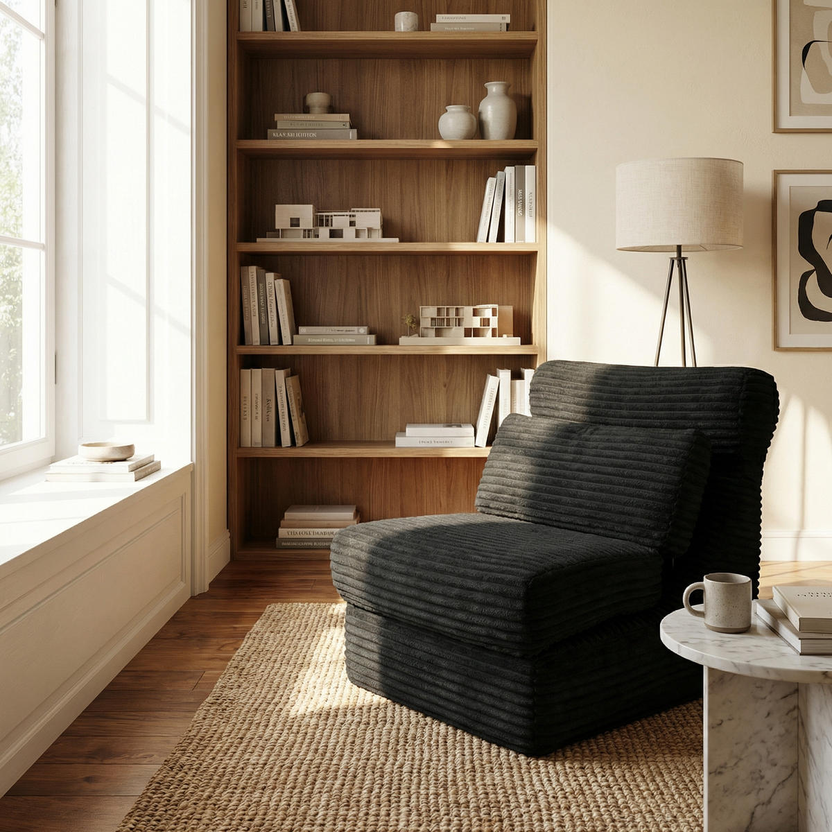 SCHLAFSESSEL 2-in-1 Bodensofa & Schlafsessel in Cord-Optik Montagefreii - Schwarz, Textil (83/83/83cm) - Urban Meuble