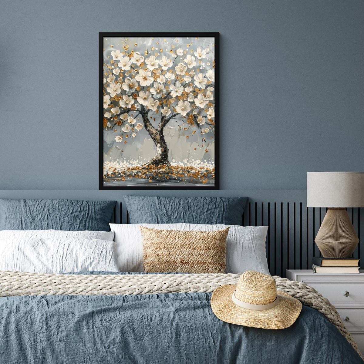 GERAHMTES BILD Baum - Blumen - Weiß - Natur - Kunst 60x80 cm - Weiß, Papier (60/80cm) - MuchoWow