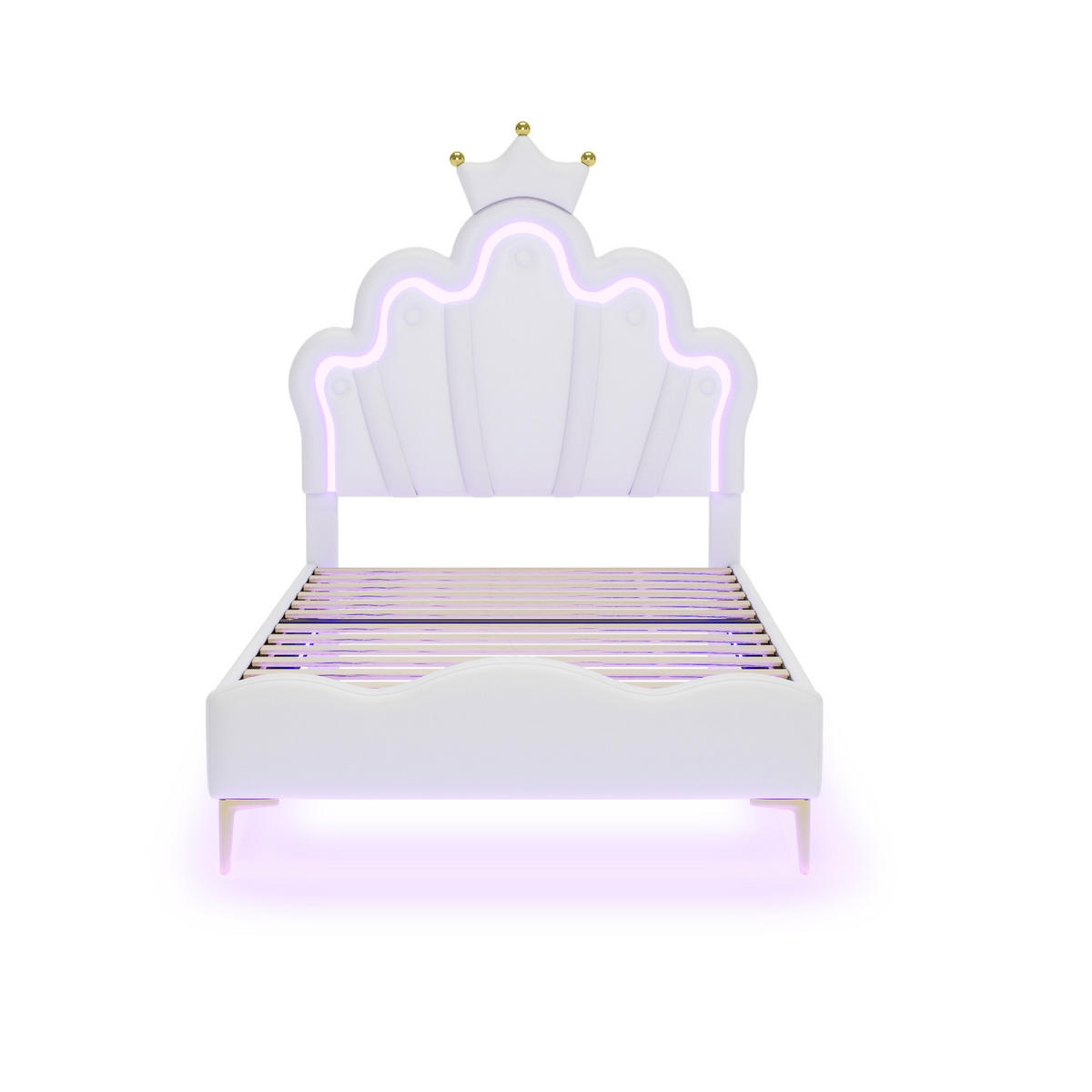 KINDERBETT 90 x 190 cm, Prinzessinnen, mit RGB-LED-Beleuchtung, gepolsterter Krone, höhenverstellbarem Bettgestell, Weiß - Weiß, Leder/Holz (190/90cm) - BursDany