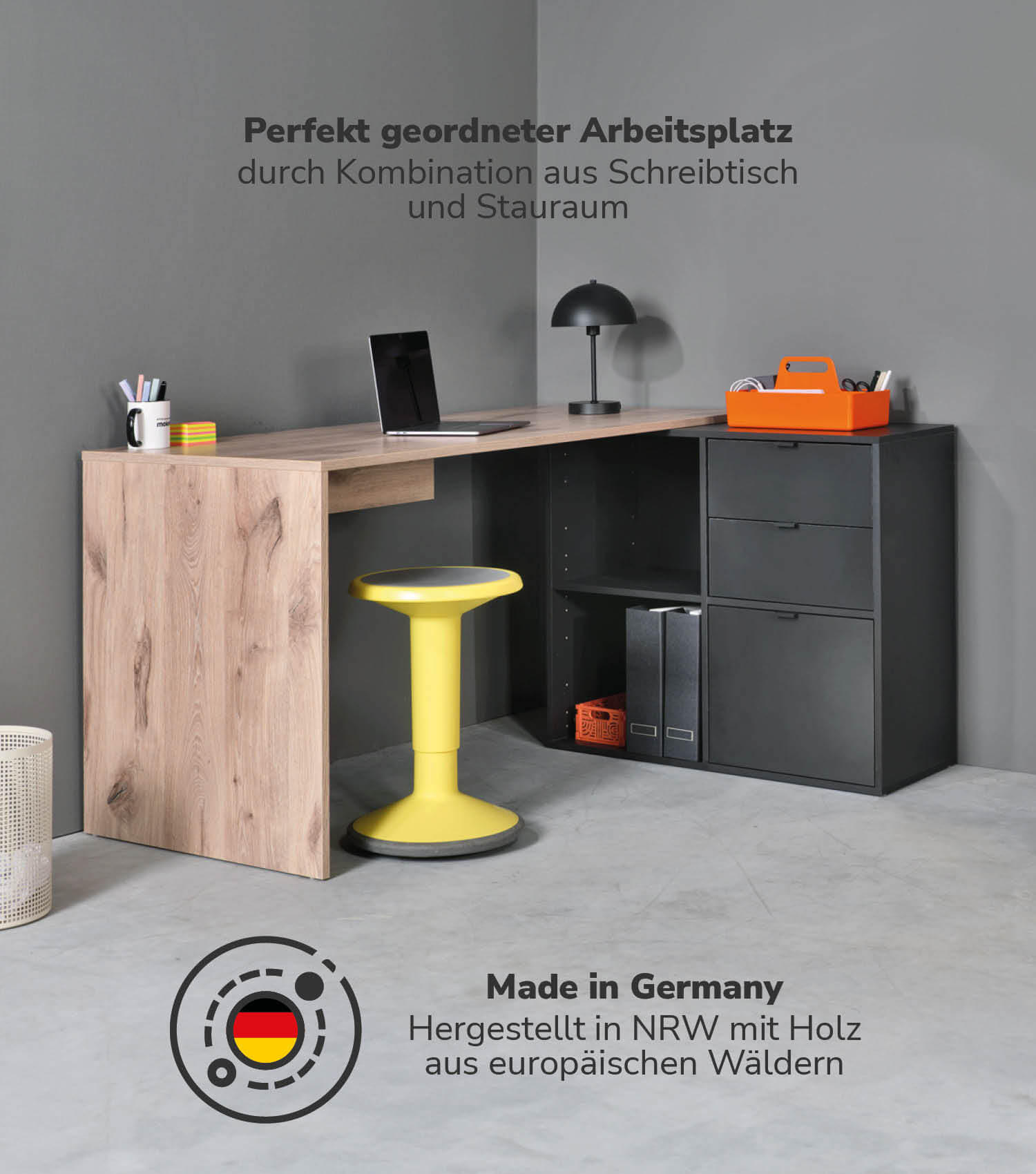 ECKSCHREIBTISCH Der Produktive - Eichefarben/Schwarz, Holzwerkstoff (65/145/77cm) - Mokebo
