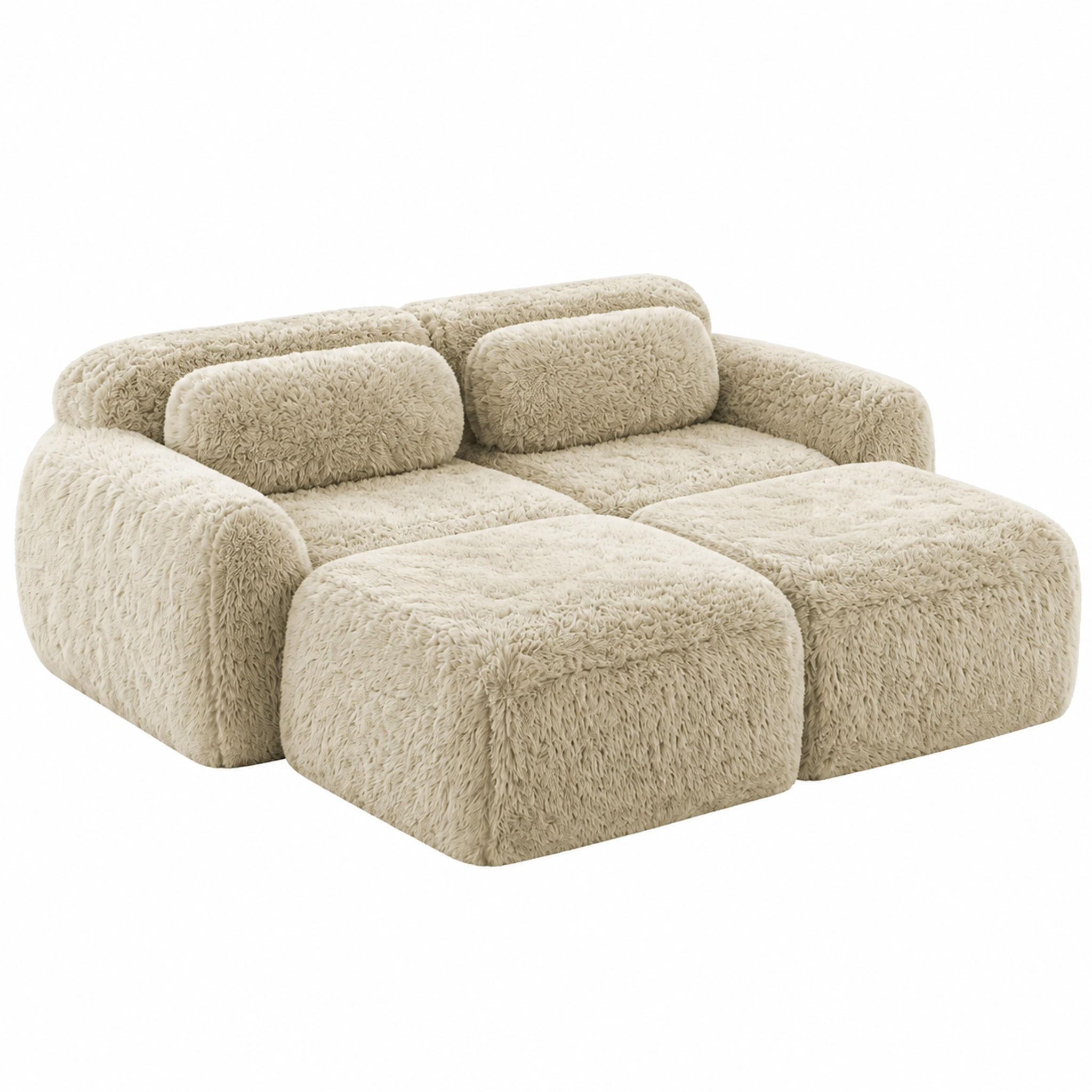 SOFA modulares 2-Sitzer mit 2 Ottomans Plüsch Light Khaki - Braun, Kunststoff (179/73/204cm) - Meubliv