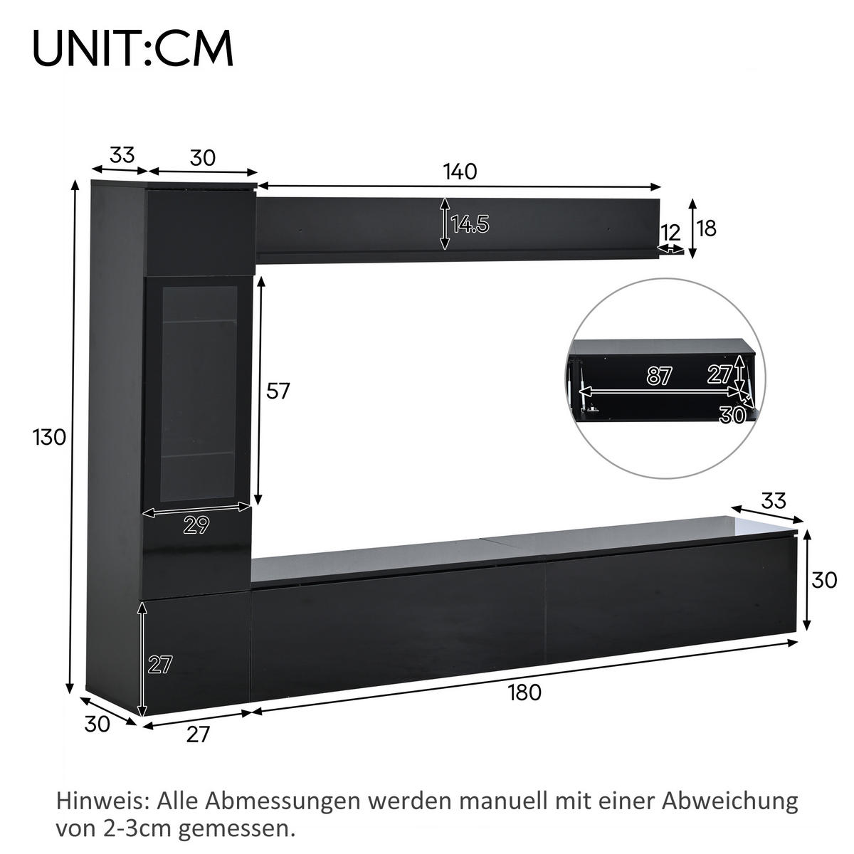 WOHNWAND 3-teilig LED Hochglanz Schwarz 80 Zoll - Schwarz, Holzwerkstoff (207/130/30cm) - FLIEKS