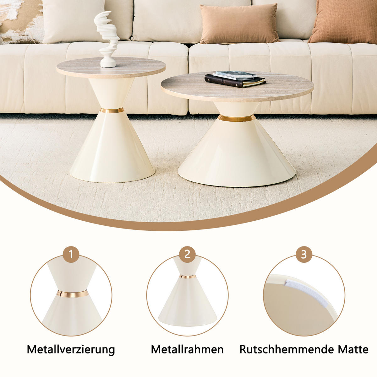COUCHTISCH-SET 50/50/50,5 cm cremeweiß aus Metall mit Travertin-Optik - Eichefarben, Metall (50/50/50.5cm) - OKWISH