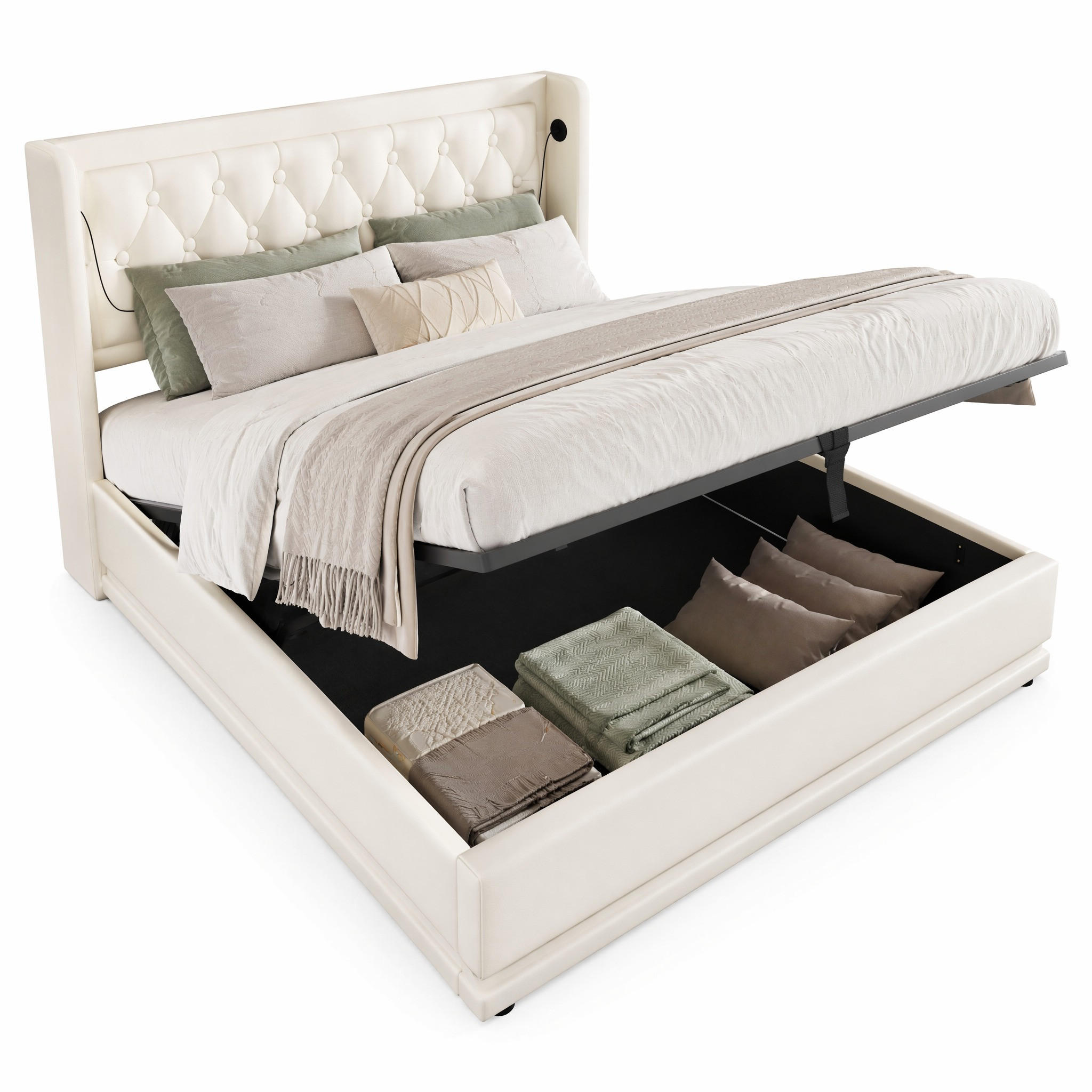 POLSTERBETT 140/200 cm in Weiß mit Bettkasten, LED, USB und Type-C - Weiß, Holzwerkstoff/Textil (140/200cm) - STILVORA