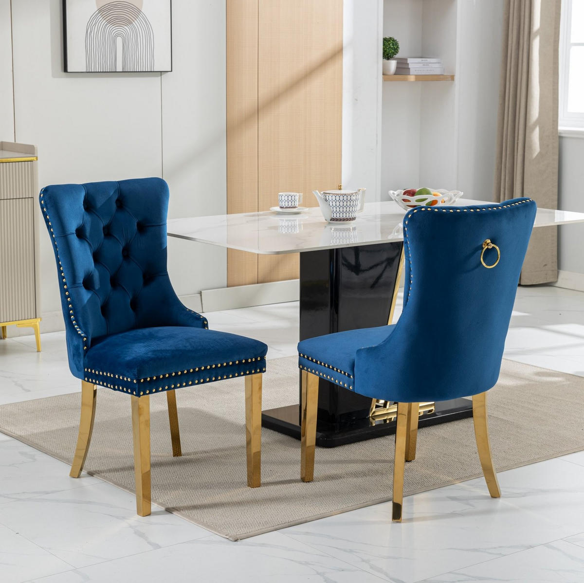 ESSZIMMERSTUHL mit hoher Rückenlehne Samt Blau 2er-Set - Blau, Metall (50/95/65cm) - Meubliv
