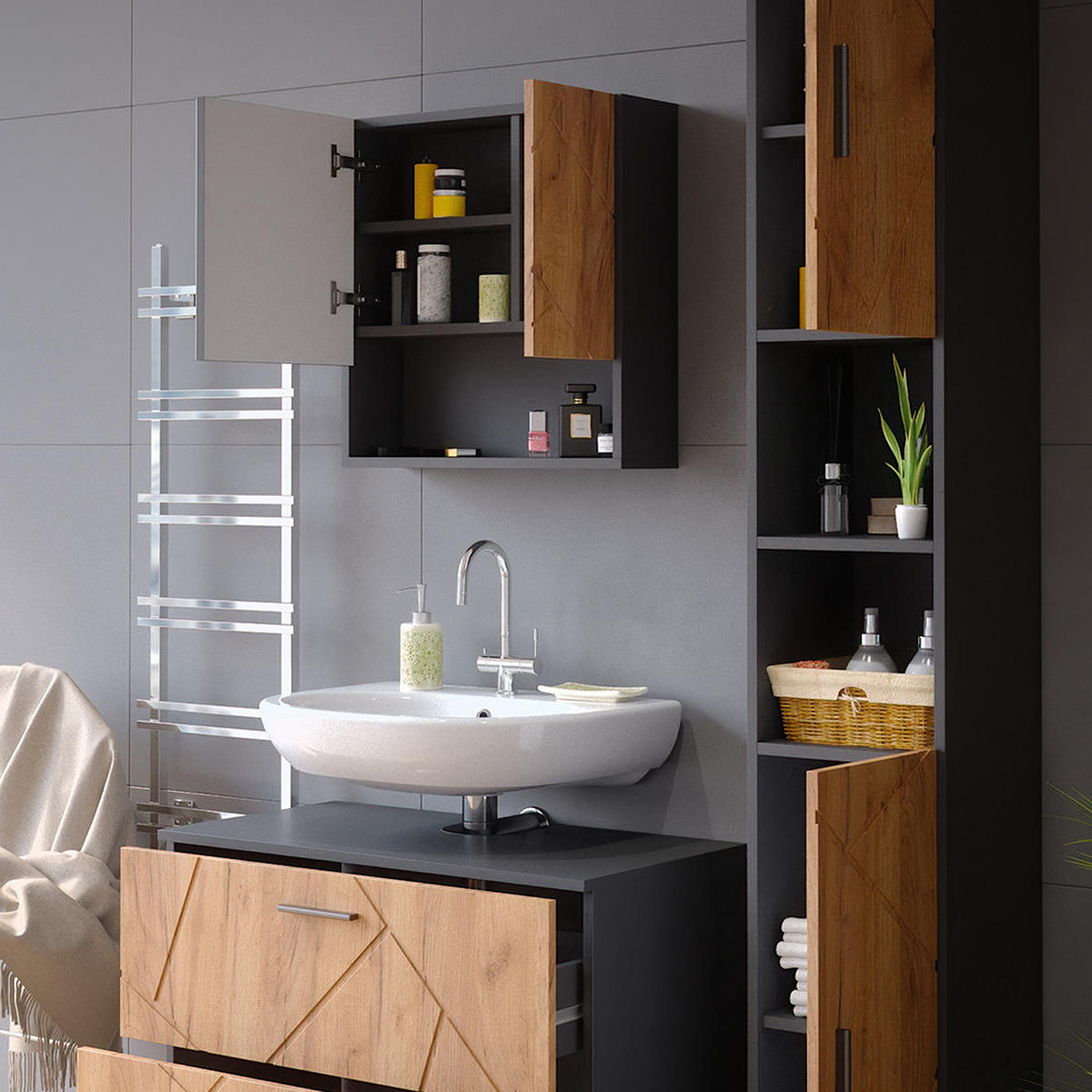 BADMÖBEL-SET Irma Goldkraft Eiche/Anthrazit 3 Teile, mit Schubladenschrank und Hochschrank - Honigeiche/Anthrazit, Holzwerkstoff (80/58.6/41cm) - Vicco