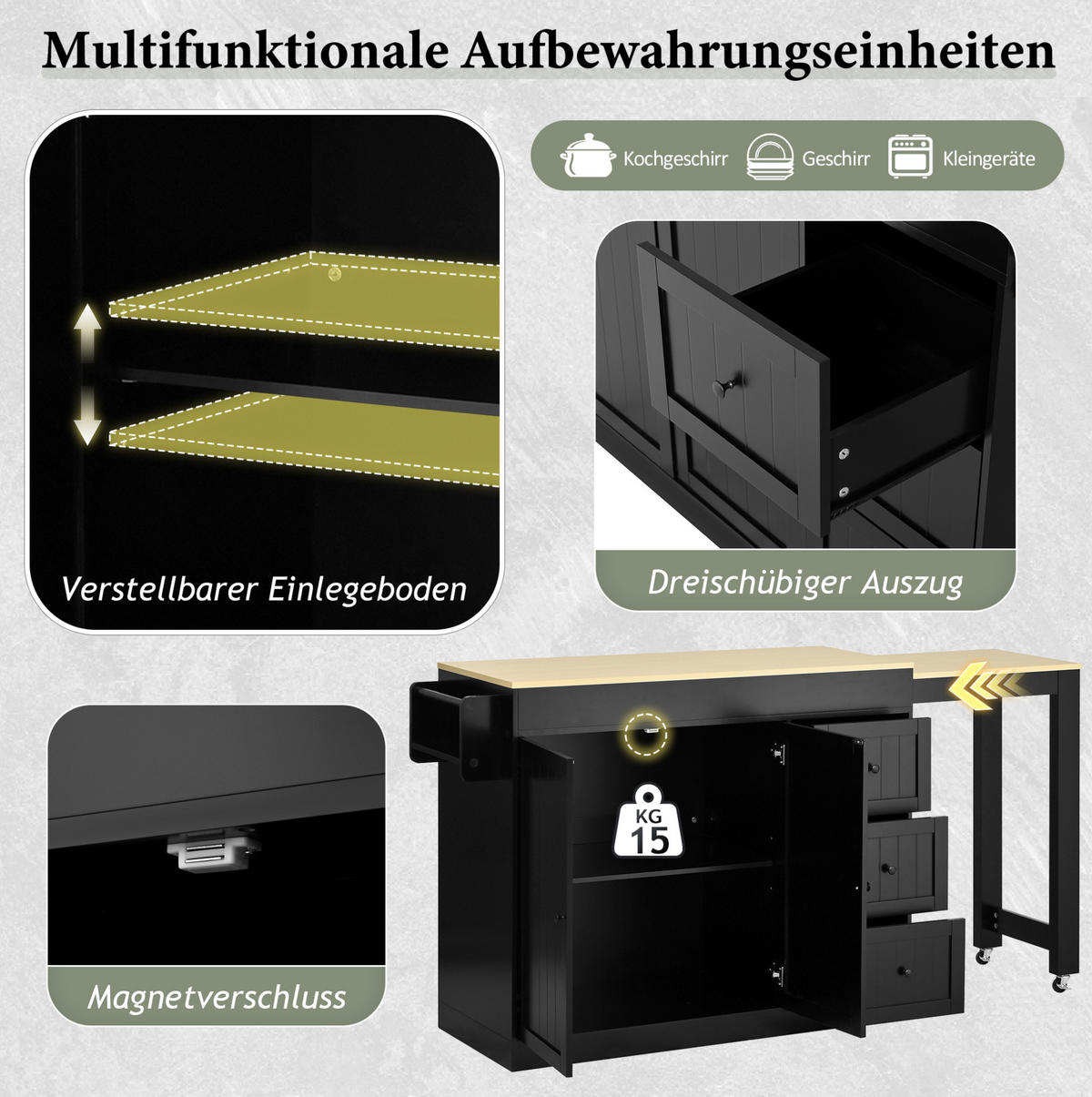 KÜCHENINSEL mit ausziehbarer Arbeitsplatte 112-186,8 cm Schwarz - Schwarz, Holz (45/93/130cm) - Beauniv