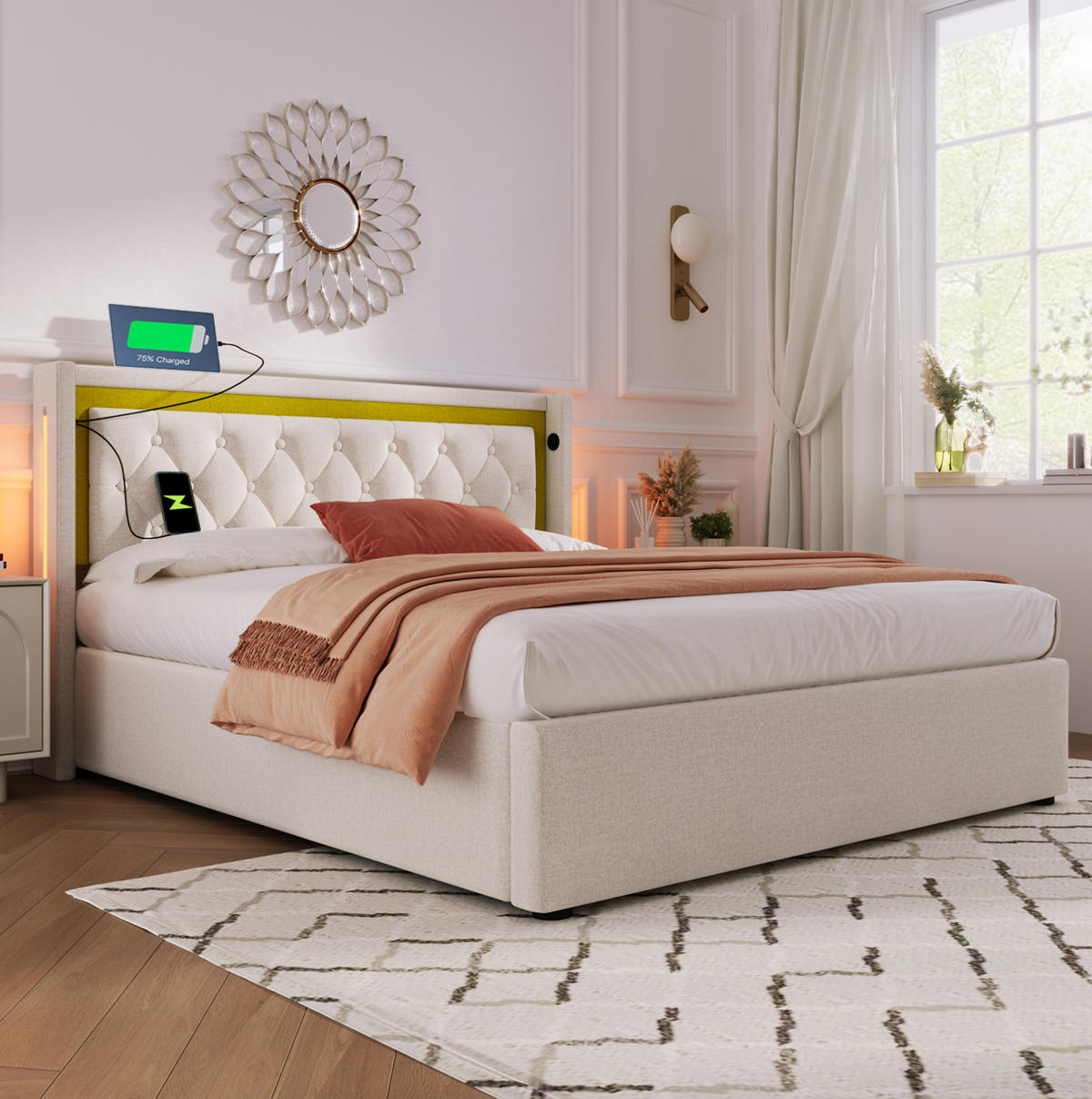 POLSTERBETT 140/200 cm Beige aus Baumwolle mit Matratze und Bettkasten - Beige, Textil (140/200cm) - OKMYHOME