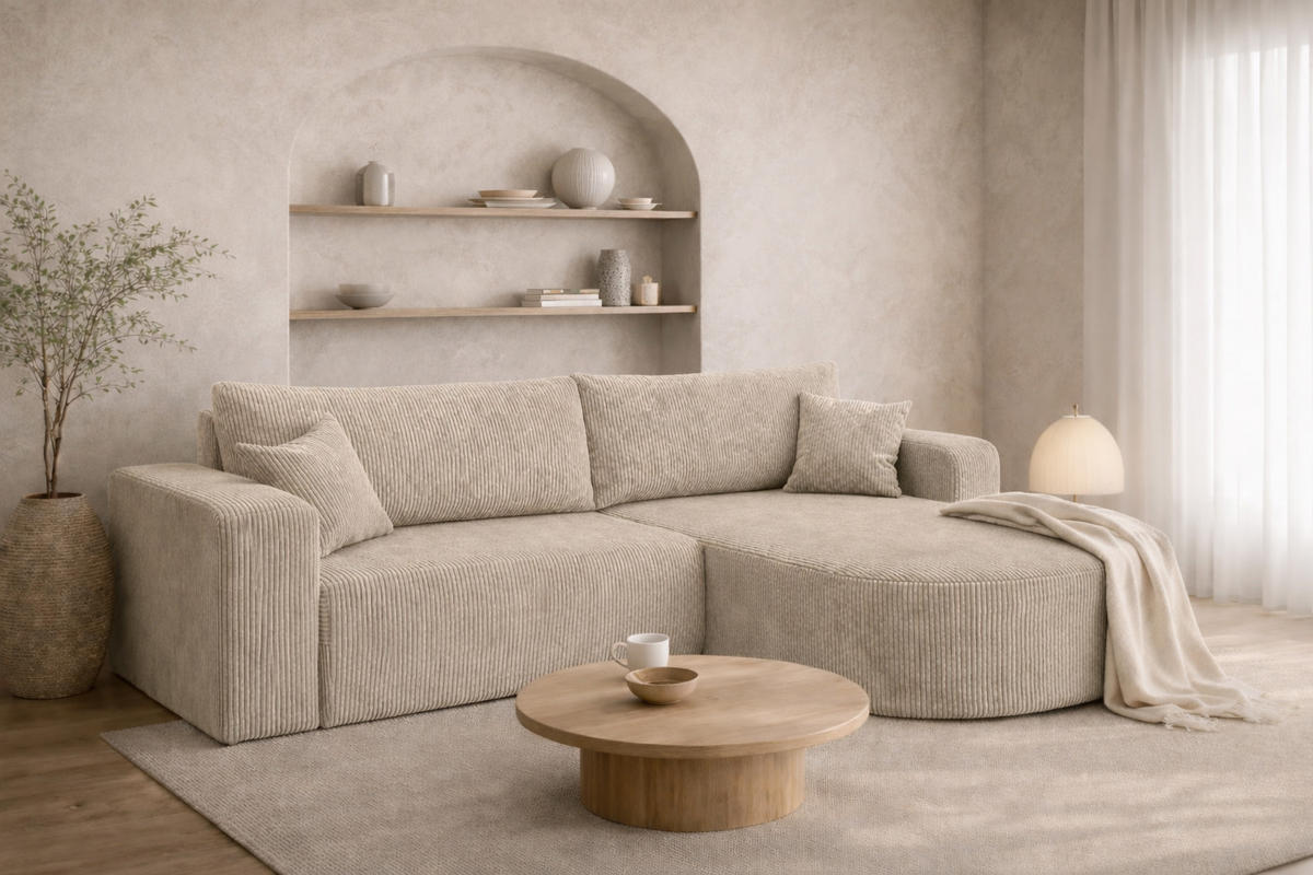 ECKSOFA Mit Schlaffunktion, Cordstoff Poso, Dunkelbeige, Rechts, ROUND ONE - Beige, Holz (244/175cm) - Kaiser Möbel