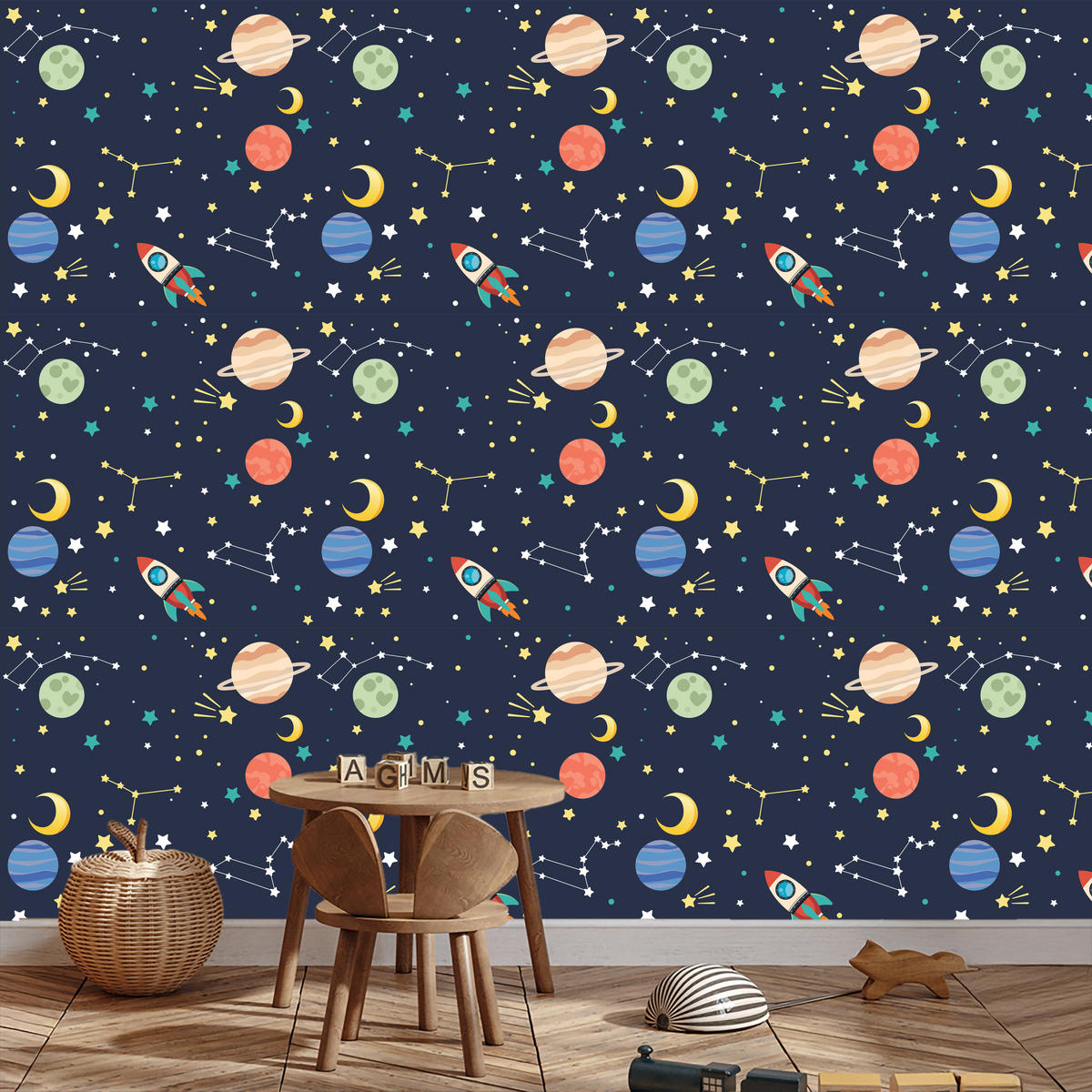 VLIESTAPETE Weltraum, Planeten und Raketen – Dunkelblau, Bunt – 50x1000 cm - Multicolor/Dunkelblau, Papier (50/1000cm) - Muralo